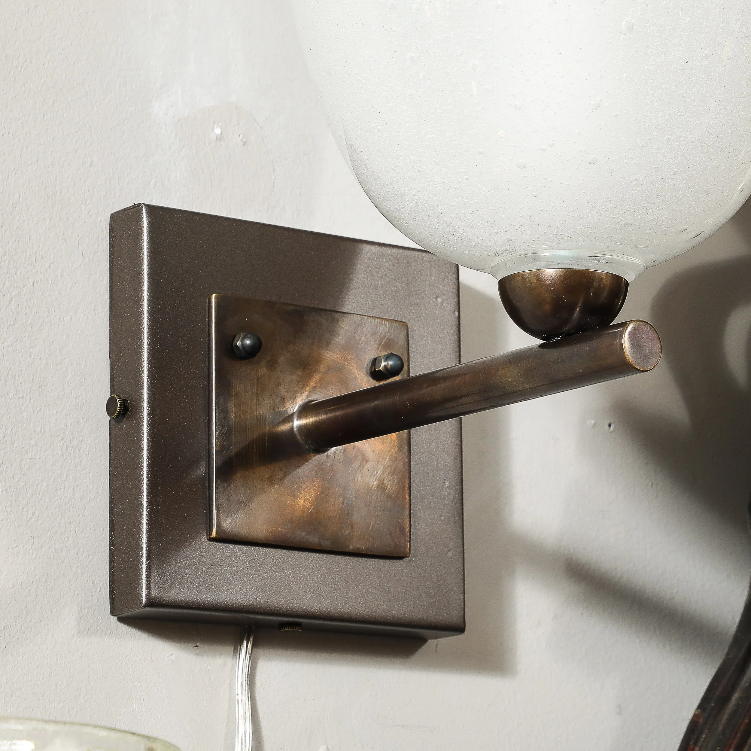 Pair of Modernist Hand-Blown Murano Glass Pulegoso Sconces in Oil Rubbed Bronze - High Style Deco 13.jpg