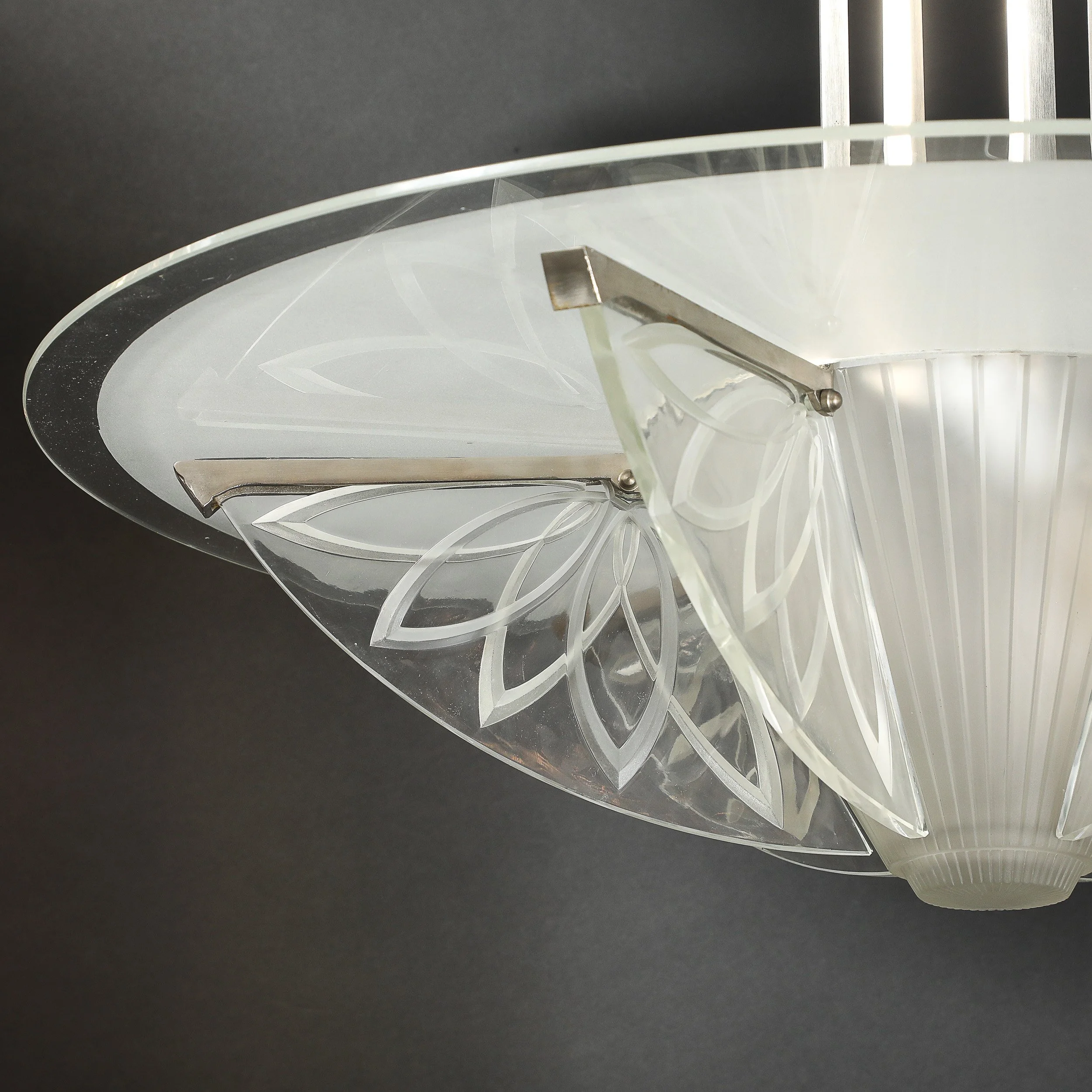 Art Deco Machine Age Frosted, Etched Glass & Nickel Chandelier by Pierre D'Avsen - High Style Deco 24.jpg