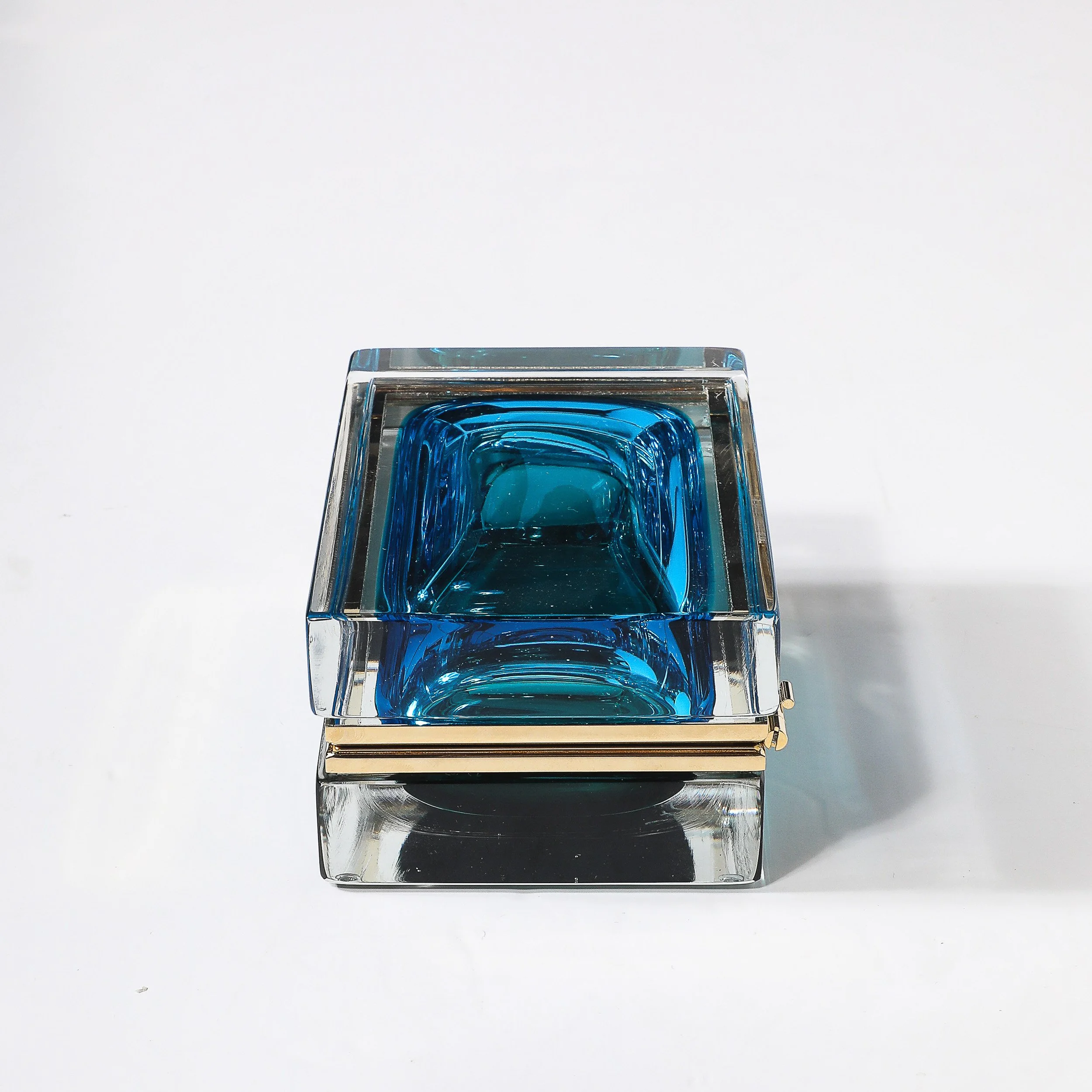 Modernist Hand-Blown Murano Glass Box in Ultramarine & Phthalo w: Polished Brass - High Style Deco 9.jpg