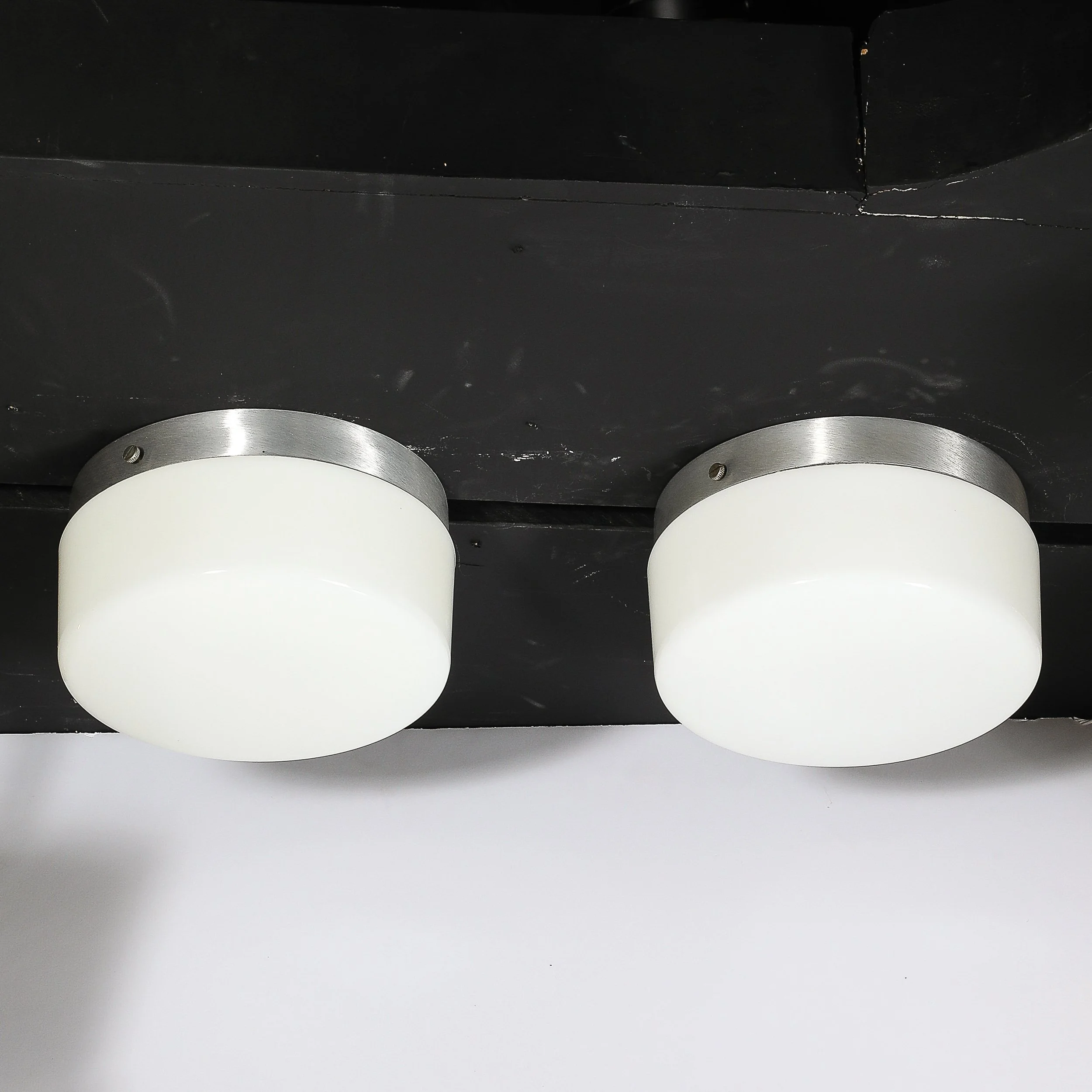 Pair of Mid-Century Cylindrical Milk Glass Flush Mounts w: Brushed Aluminum - High Style Deco 6.jpg