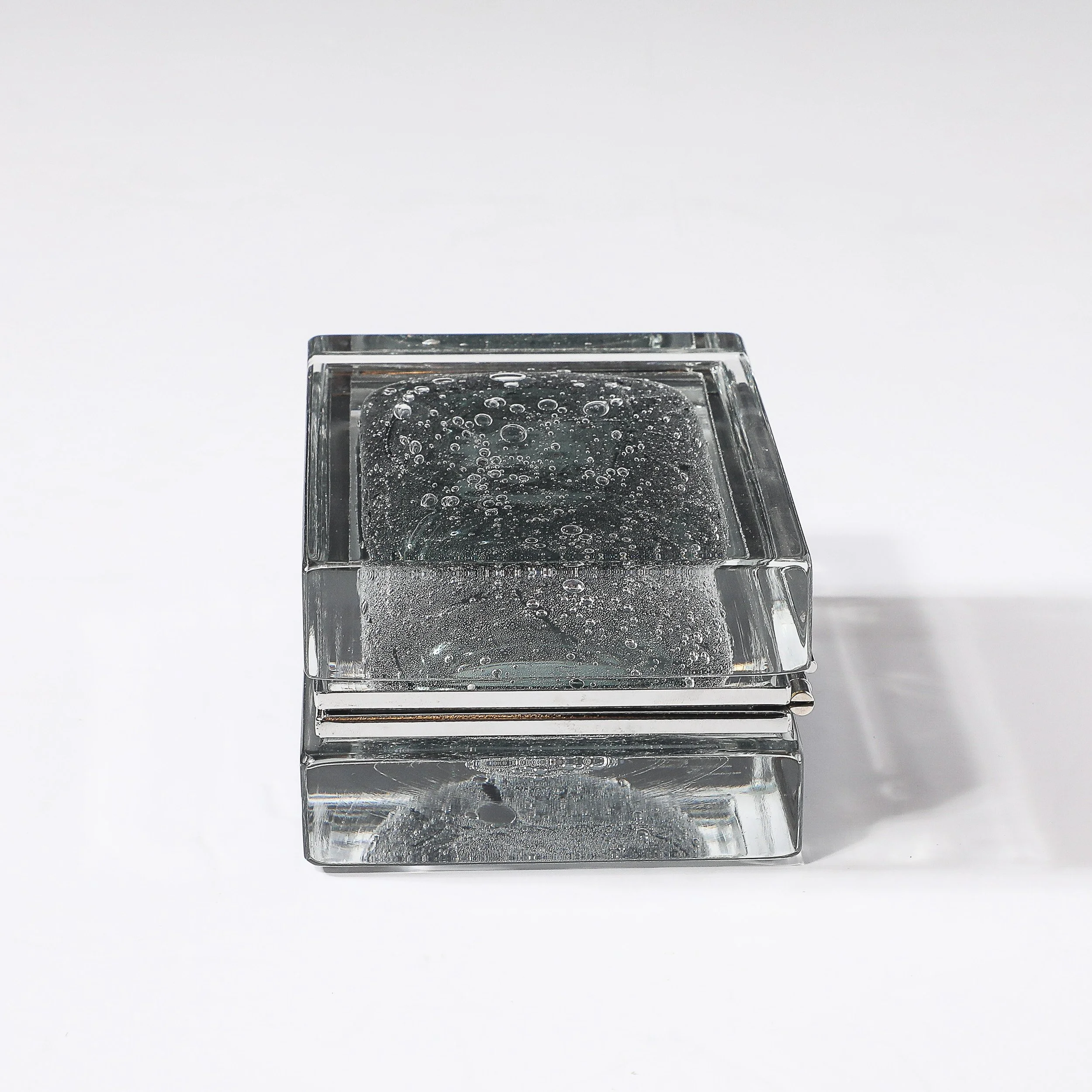 Modernist Handblown Murano Glass Box in Sage Grey W: Pulegoso Detailing & Nickel - High Style Deco 7.jpg