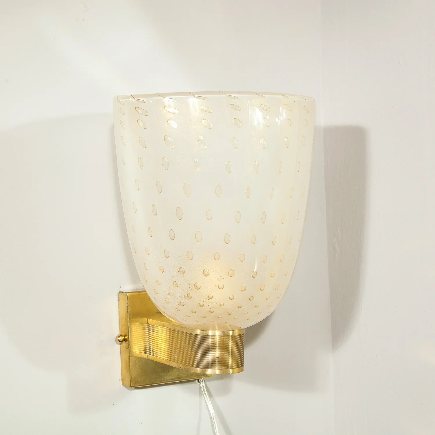 Modernist+Handblown+Murano+Glass+and+24kt+Gold+Sconces+with+Reeded+Brass+Arm+-+High+Style+Deco+16.webp