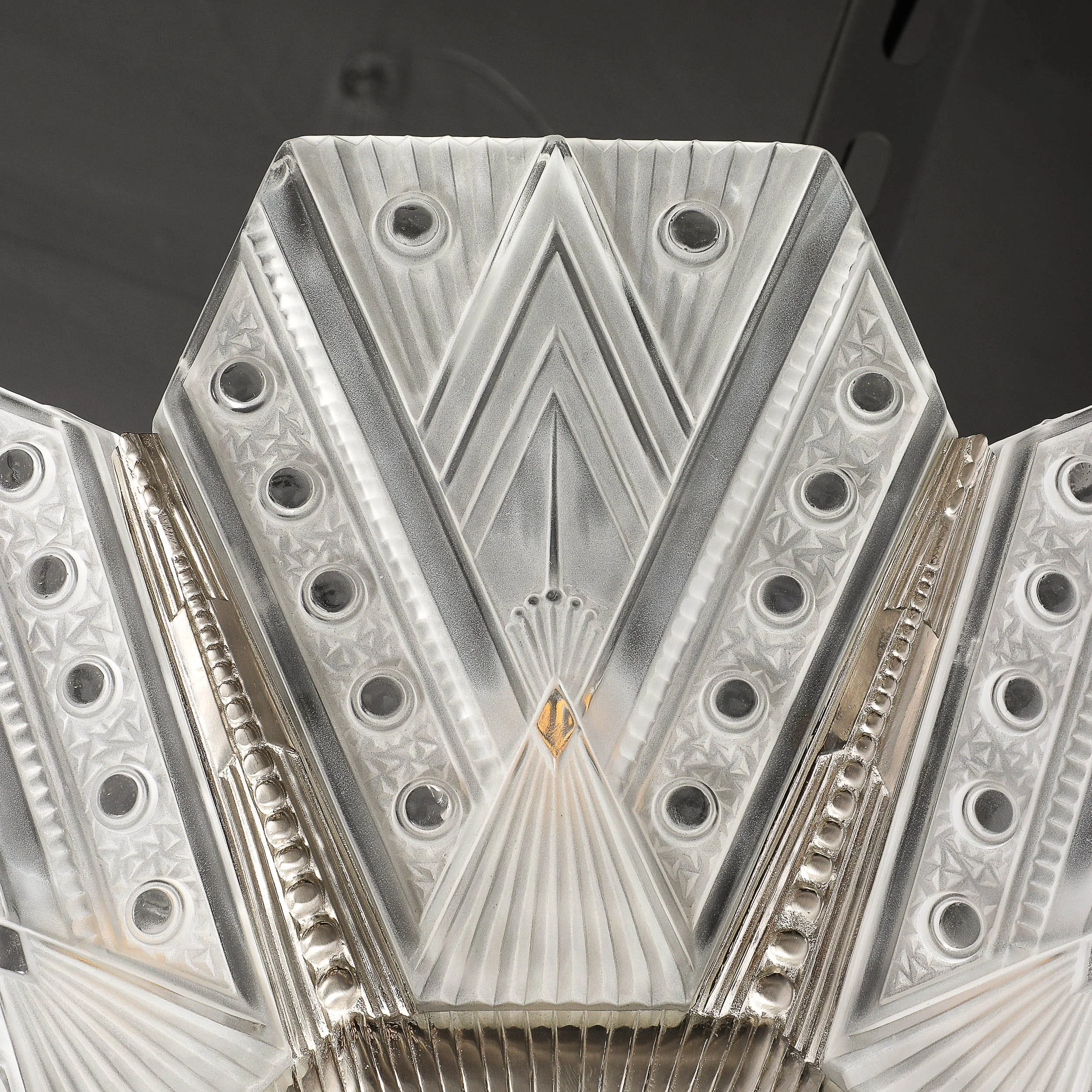 Art Deco Frosted Glass Cubist Geometric Detail & Fluted Chandelier Signed Leleu - High Style Deco 18.jpg