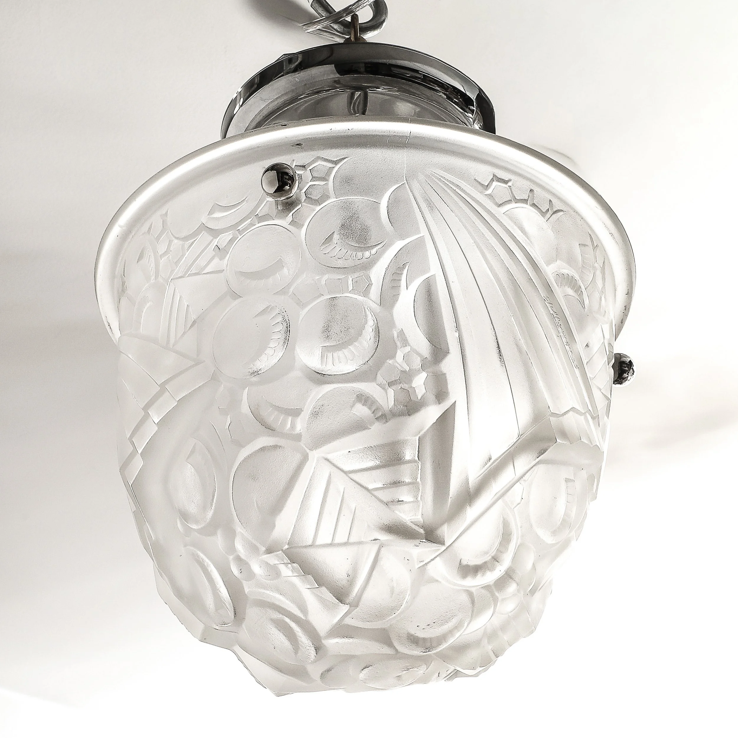 Art Deco Molded & Frosted Glass Pendant w: Cubist Detailing by Muller Freres - High Style Deco 13.jpg