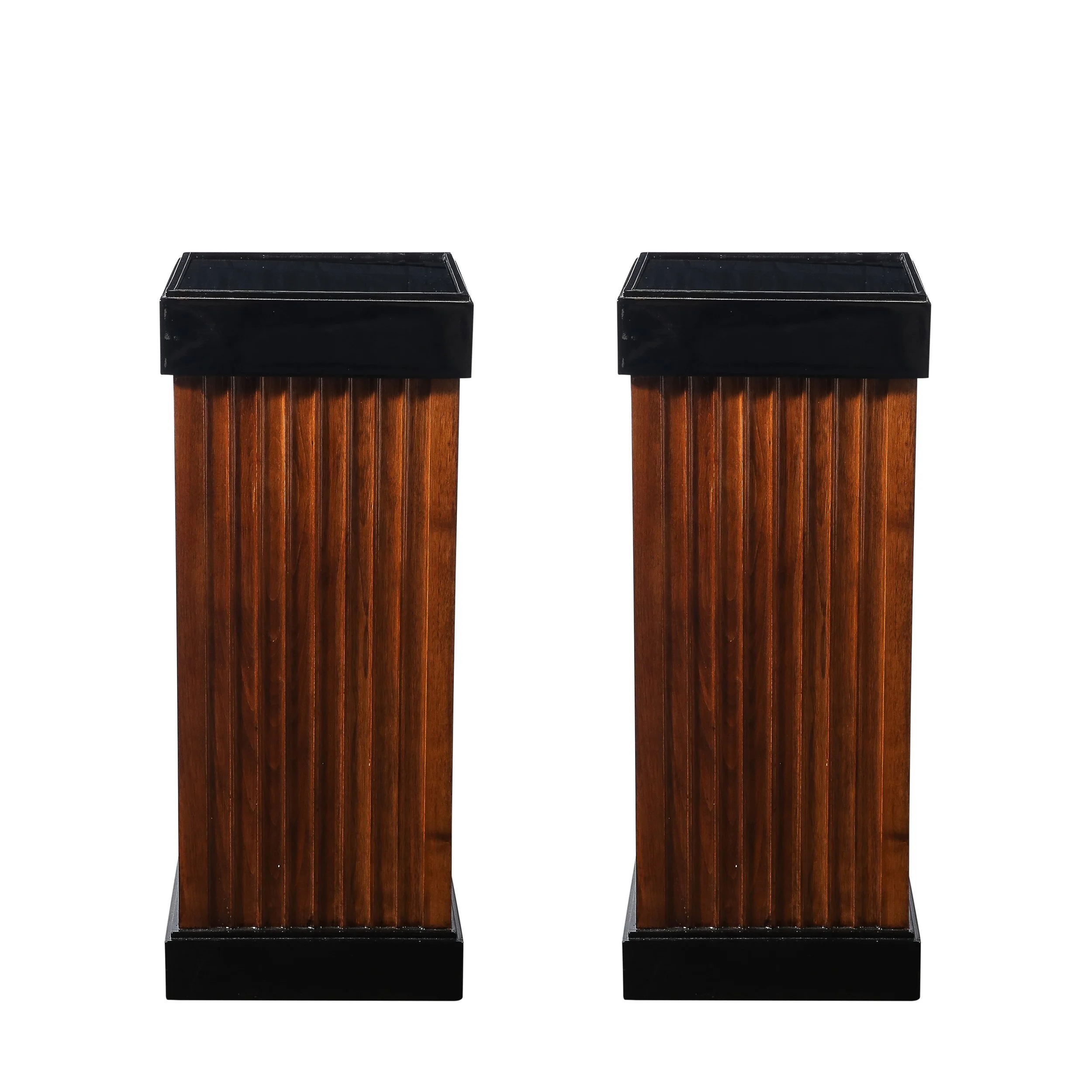 Pair of Art Deco Pedestals in Fluted Walnut & Black Lacquer Bases w: Glass Tops - High Style Deco.jpg