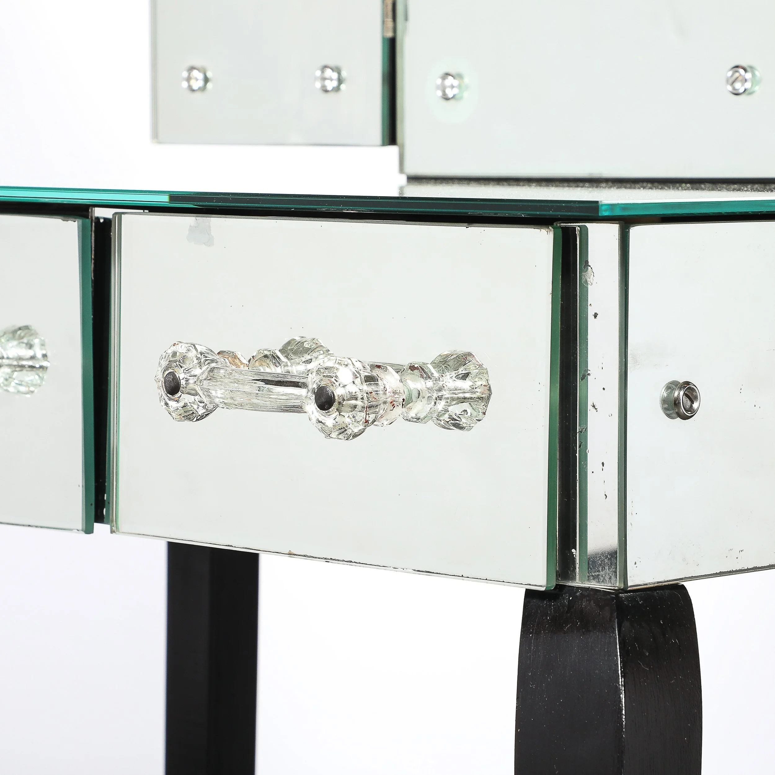 Art Deco Hollywood Mirrored Trifold Ebonized Cabriole Leg Vanity w: Glass Pulls - High Style Deco 9.jpg
