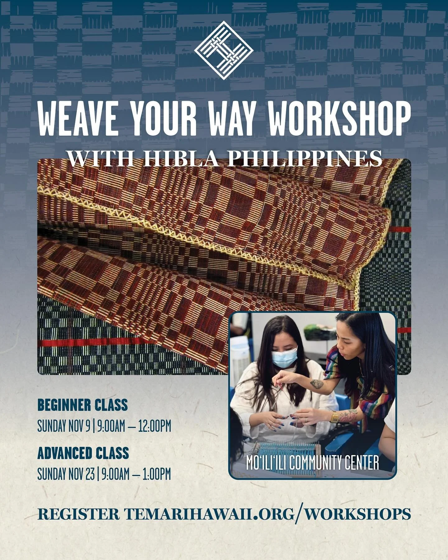 We still have a few spots open for @hiblaphilippines weaving workshops at the Mōʻiliʻili Community Center (2535 S King St)!

🧶 Beginner &mdash; Nov 9, 9 AM&ndash;12 PM
Learn the basics on a tabletop wooden loom.

🧵 Advanced &mdash; Nov 23, 9 AM&nda