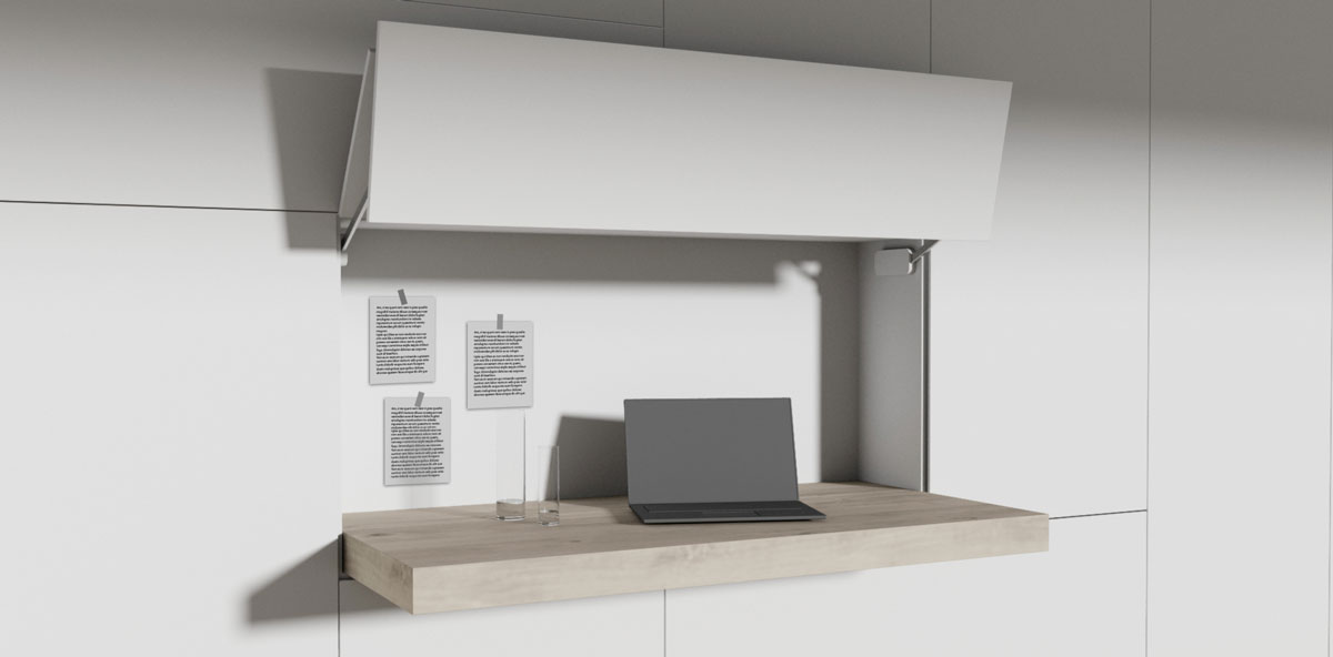 Met een sierlijke zwaai naar boven openen de vleugeldeuren van de bureaumodule, vervolgens schuift het bureau naar voren en u kunt aan de slag. (Het afgebeelde bureau is 180cm breed en 90cm diep.)