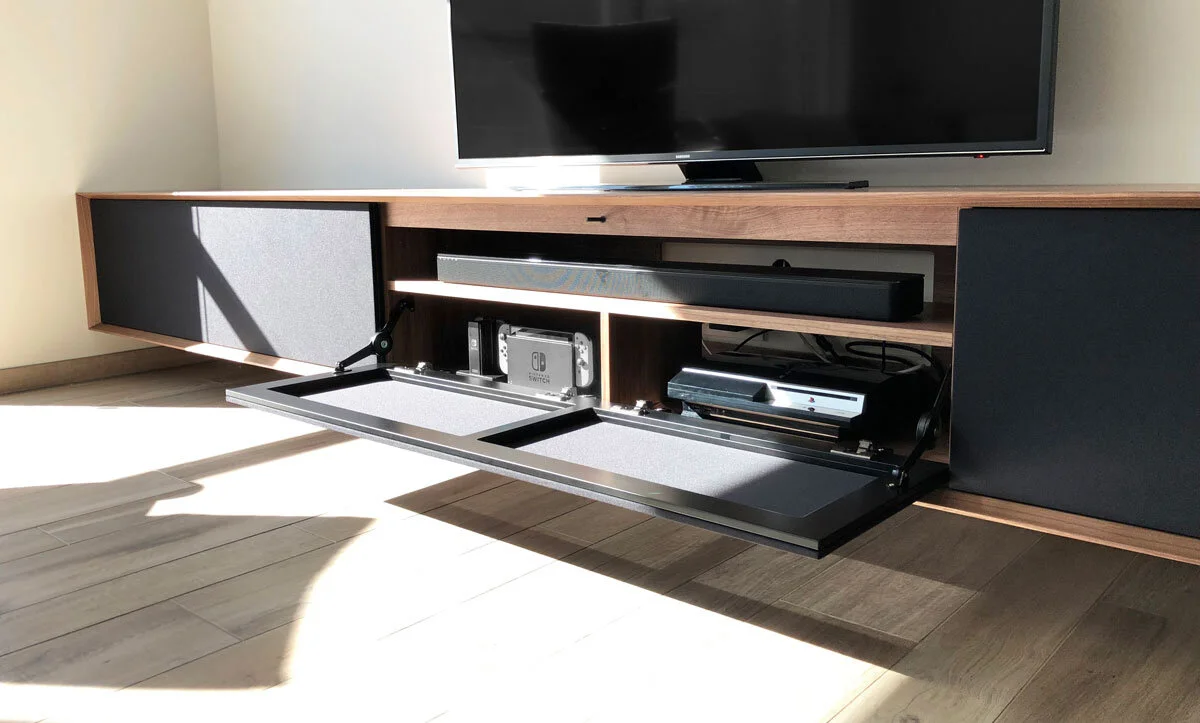 TV-meubel met geïntegreerde soundbar, apparatuur en luidsprekerdoek