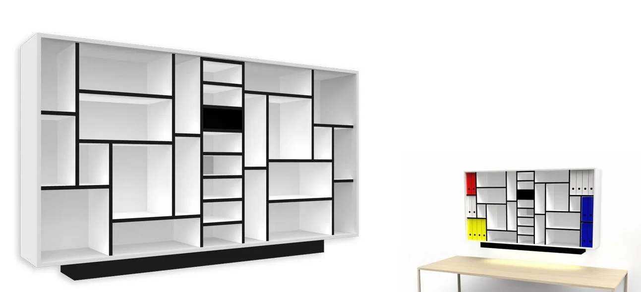 Mondriaan kast met grafisch lijnenspel en asymmetrische vakverdeling