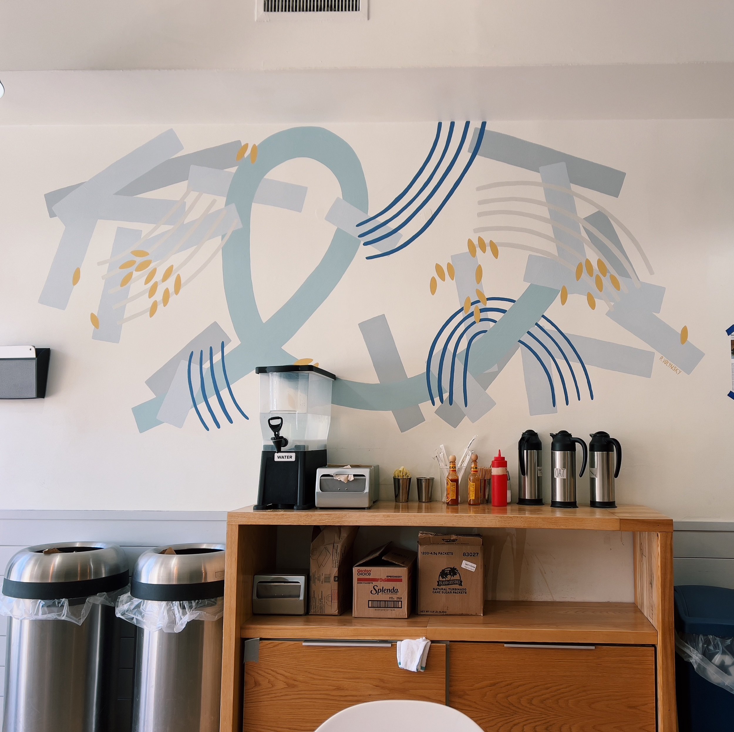  Commissioned mural for Bagelsaurus in Cambridge, MA This piece was designed and painted by hand in July 2019. 
