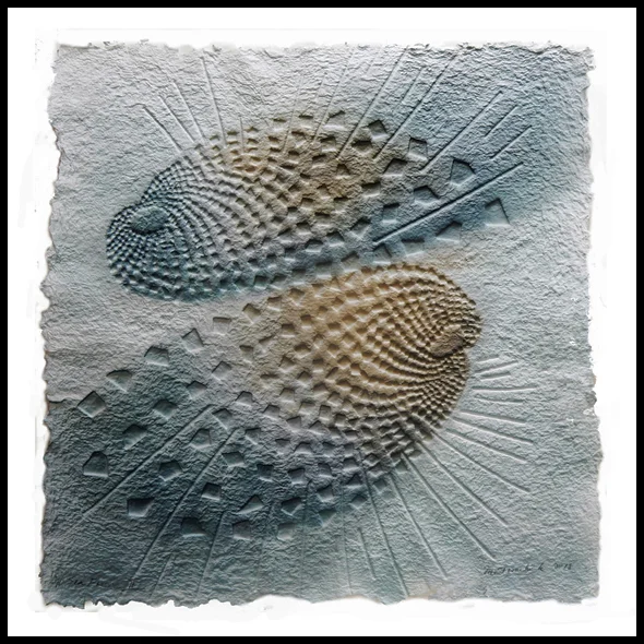 Marjorie Tomchuk Sea Fossil II Pressed paper/embossing. hand colored with fabric dyes 22" x 22" 2018