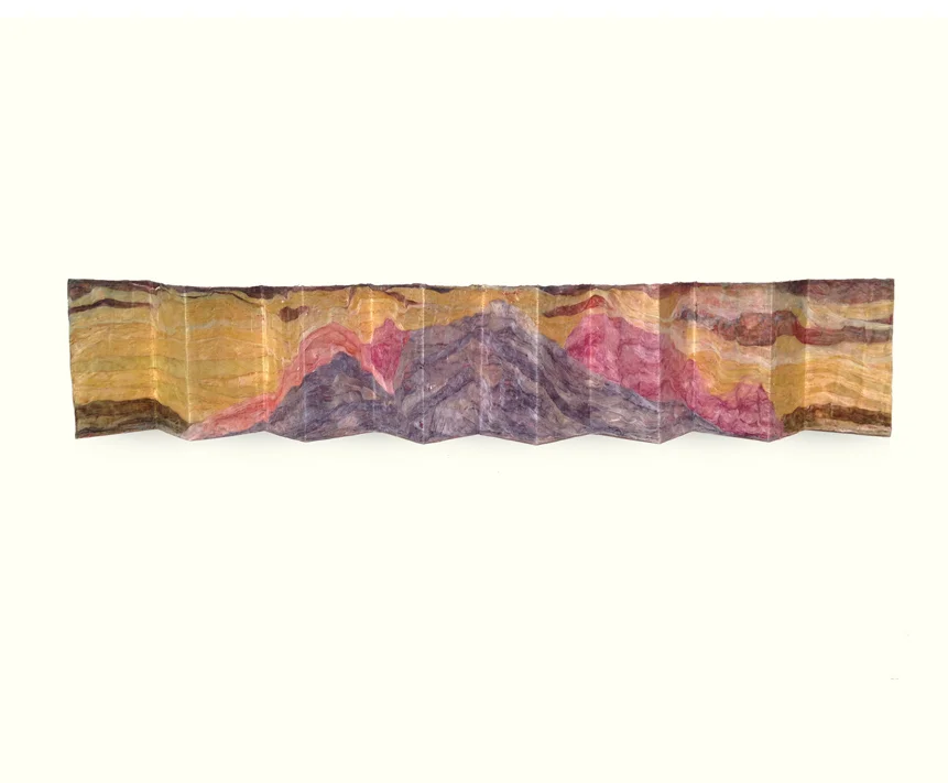 Lisa Miles Codex Gunung hand-beaten kozo bark paper, natural dyes 2" x 14" (fully expanded) 2019