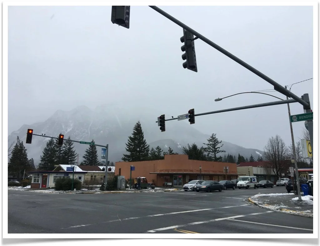 The famous Twin Peaks traffic light in North Bend, Washington
