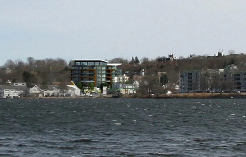 From Sam Austin's newsletter: The revised 7 storey plus penthouse proposal. Rendering zoomed in view from Birch Cove Beach supplied to HRM