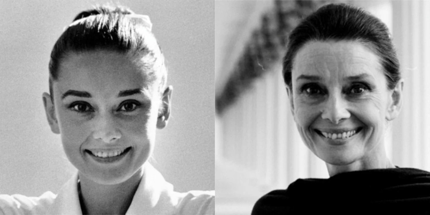 Audrey Hepburn fotografiada por Inge Morath durante la producción de The Unforgiven, Durango, Mexico, en 1959 y por John Cogi después de un viaje como embajadora de Unicef a Etiopía, en 1988. Fuente: rareaudreyhepburn.com.