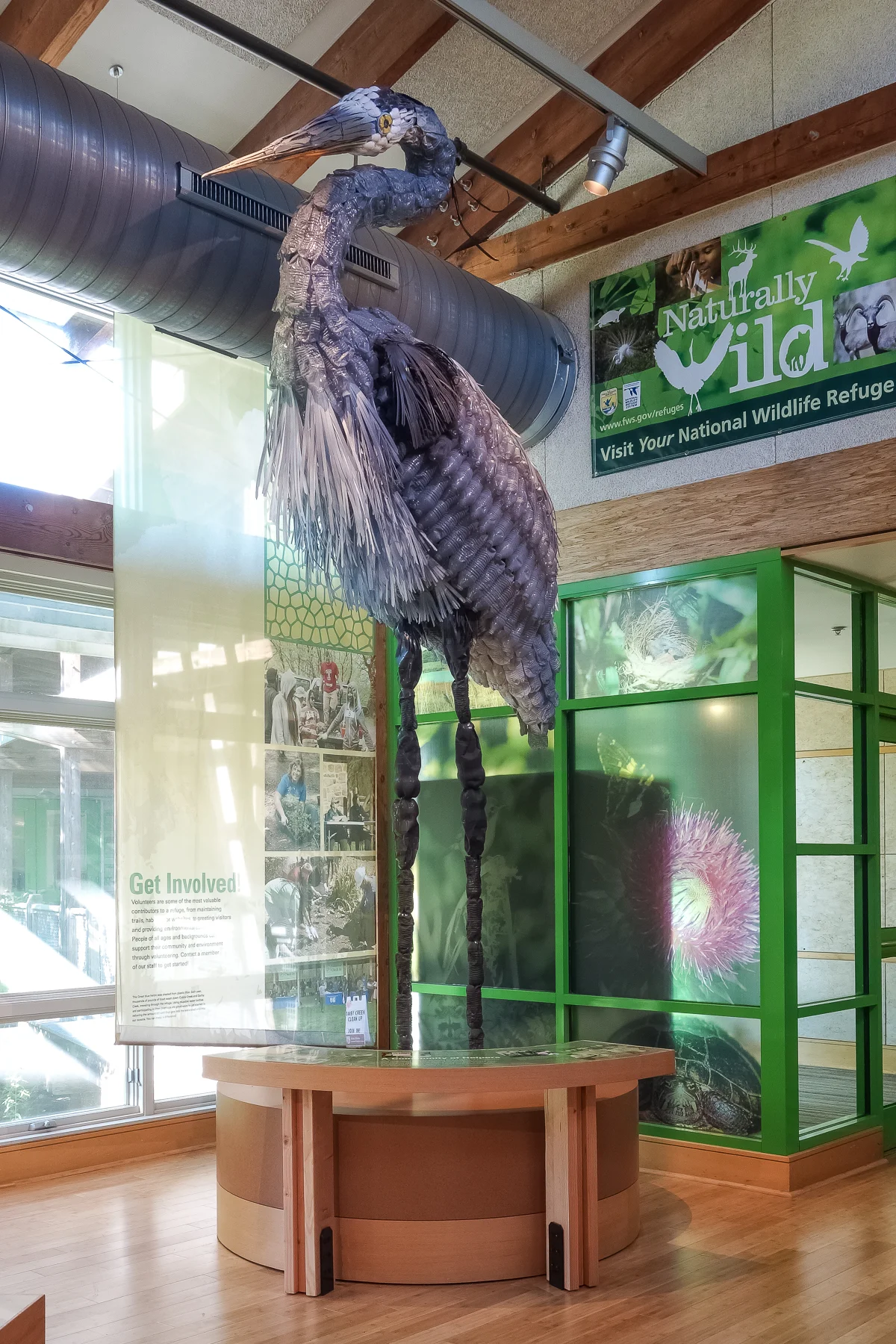 This 12′ tall Great Blue Heron is made from recycled materials and reinforces the theme of humans coexisting with nature.