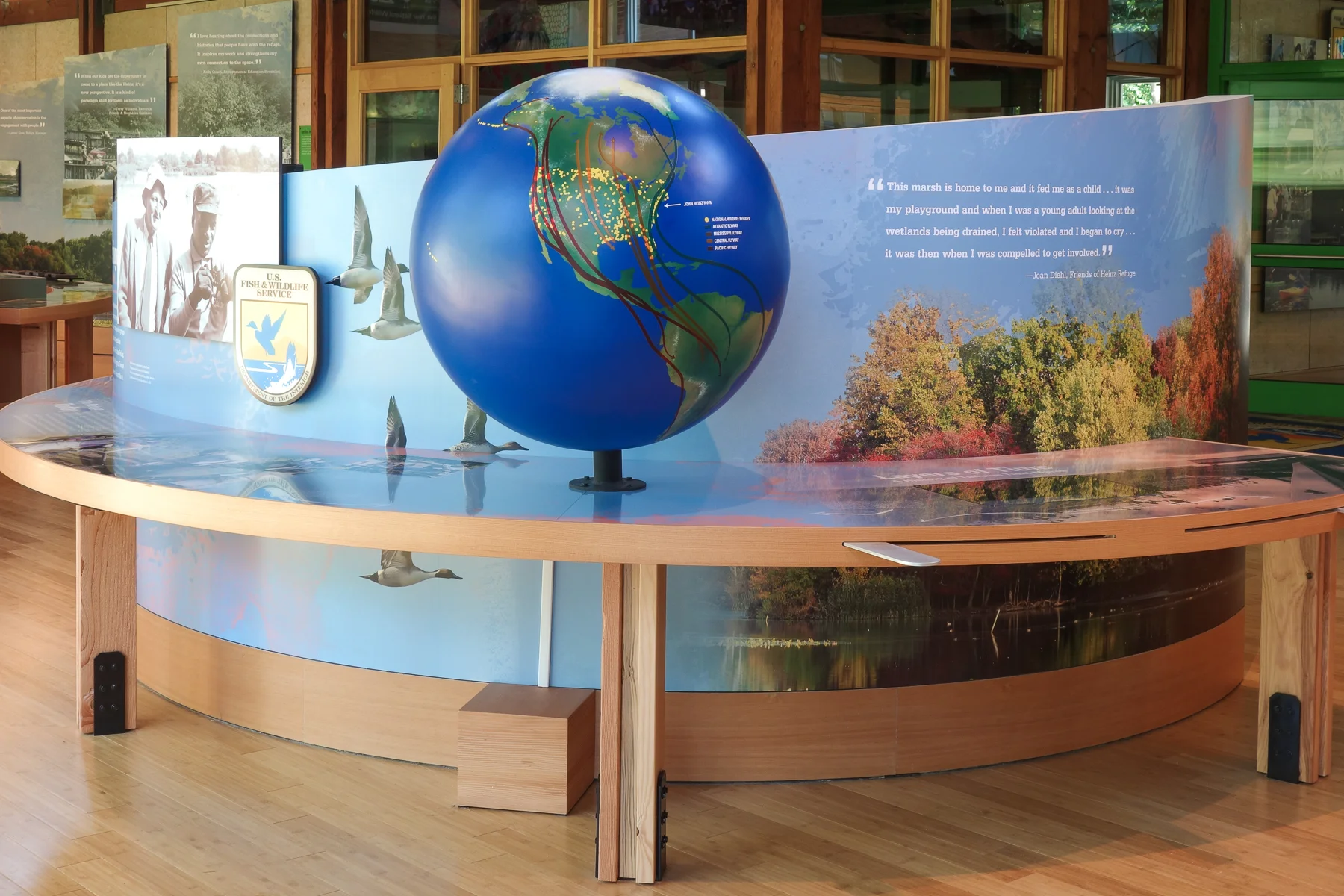Visitors learn about the history of John Heinz National Wildlife Refuge and its significance to the global bird migration patterns.