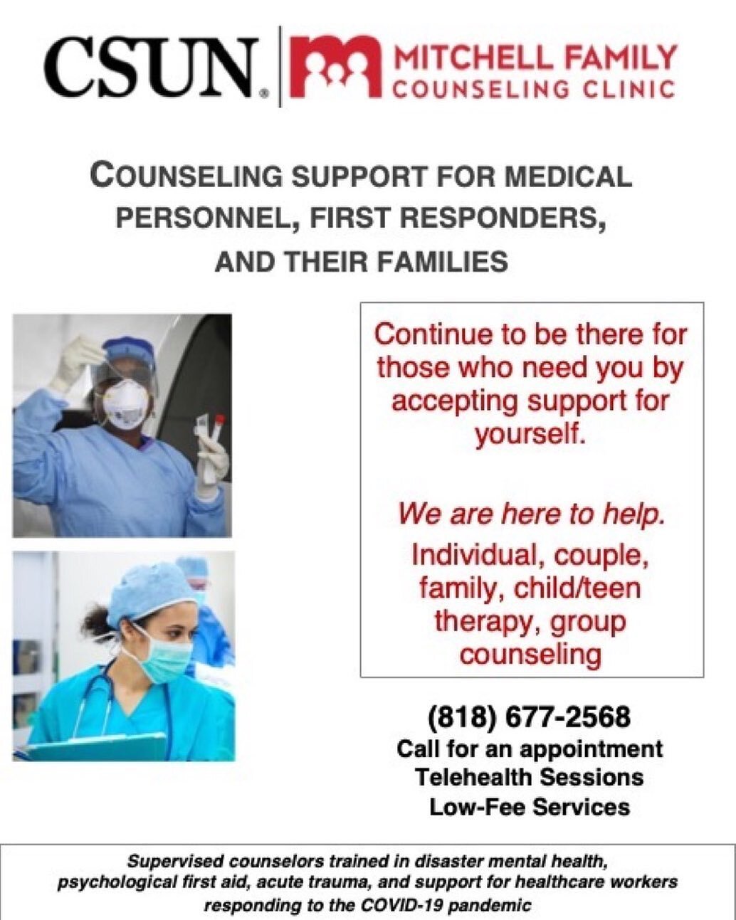 Repost from @deb_b52
&bull;
Proud to announce our new program in support of those on the frontlines of the COVID-19 crisis #csun #mitchellfamilycounseling