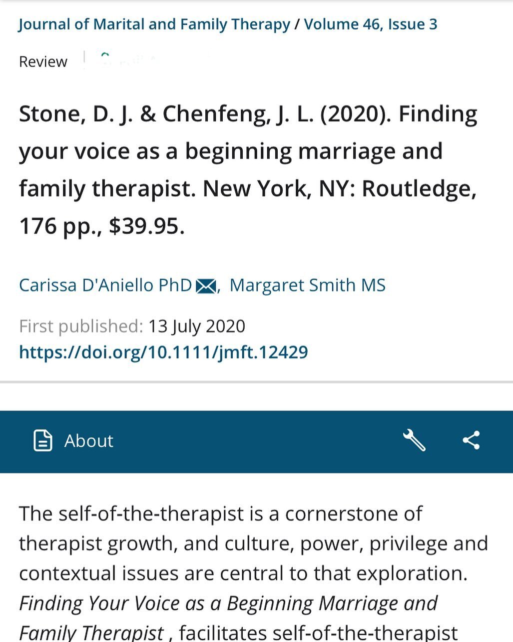 One of our first journal reviews in the Journal of Marital and Family Therapy. If you are considering our book you can read D&rsquo;Aniello and Smith&rsquo;s review here: https://onlinelibrary.wiley.com/doi/epdf/10.1111/jmft.12429
