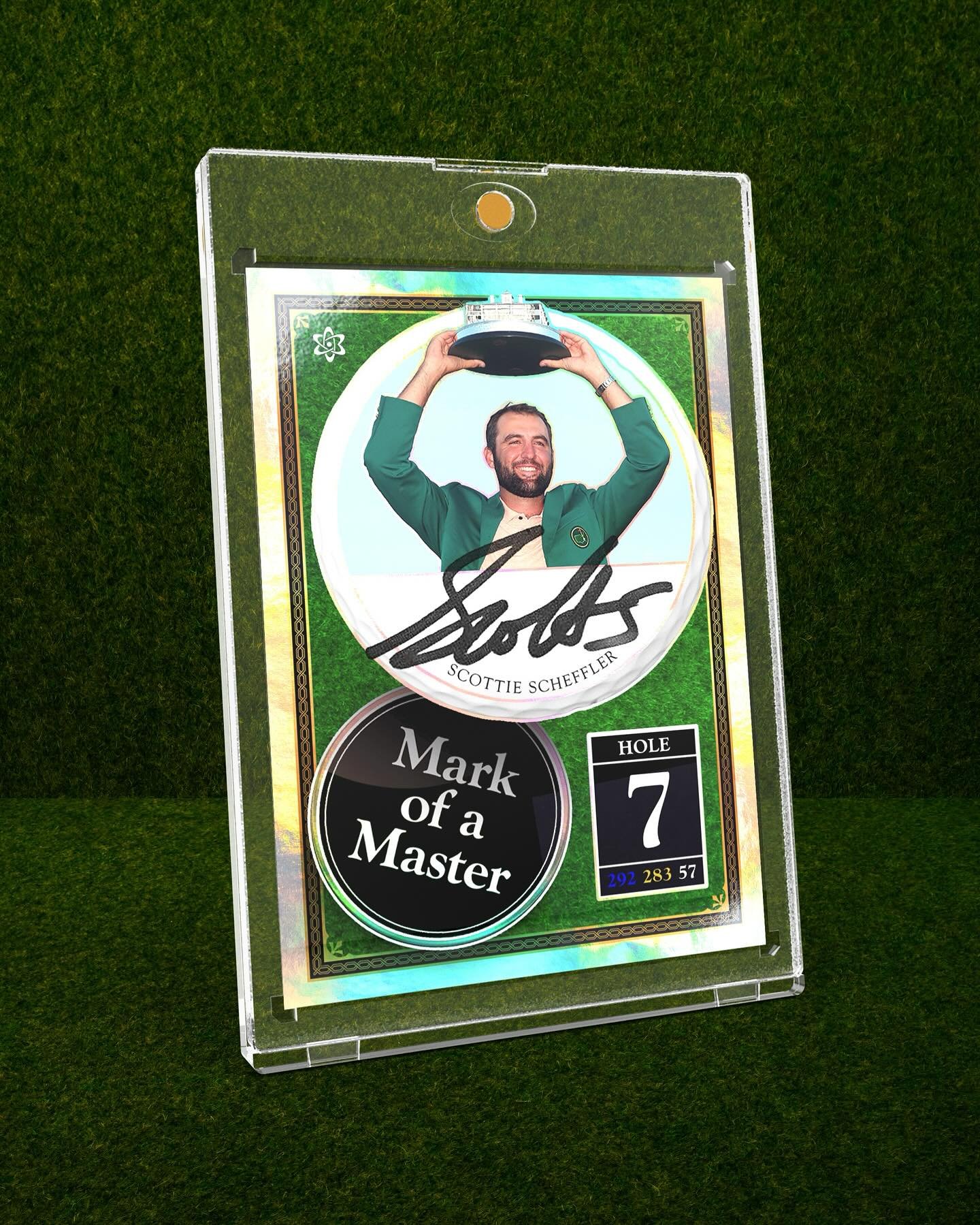 Designed a Scottie Scheffler card on the stream today. I wanted to play with the imagery of a ball marker next to a ball along with &ldquo;Mark of a Master&rdquo; utilizing imagery from his Masters victory this year. 

The numbers indicate his wins +