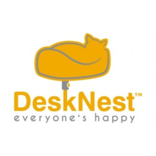 Desk Net Logo yellow shows carton of Cat Sleeping in the Desk Nest with the Name DeskNest under and Everyone is happy tagline.