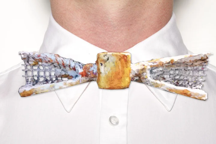 Bow Tie #8. Nicholas Ruiz. Assembled October/November 2011. Wire cloth, sand ceramic caulk, wall plaster, wire hanger, spray enamel, acrylic paint. Forest Hills, NY.