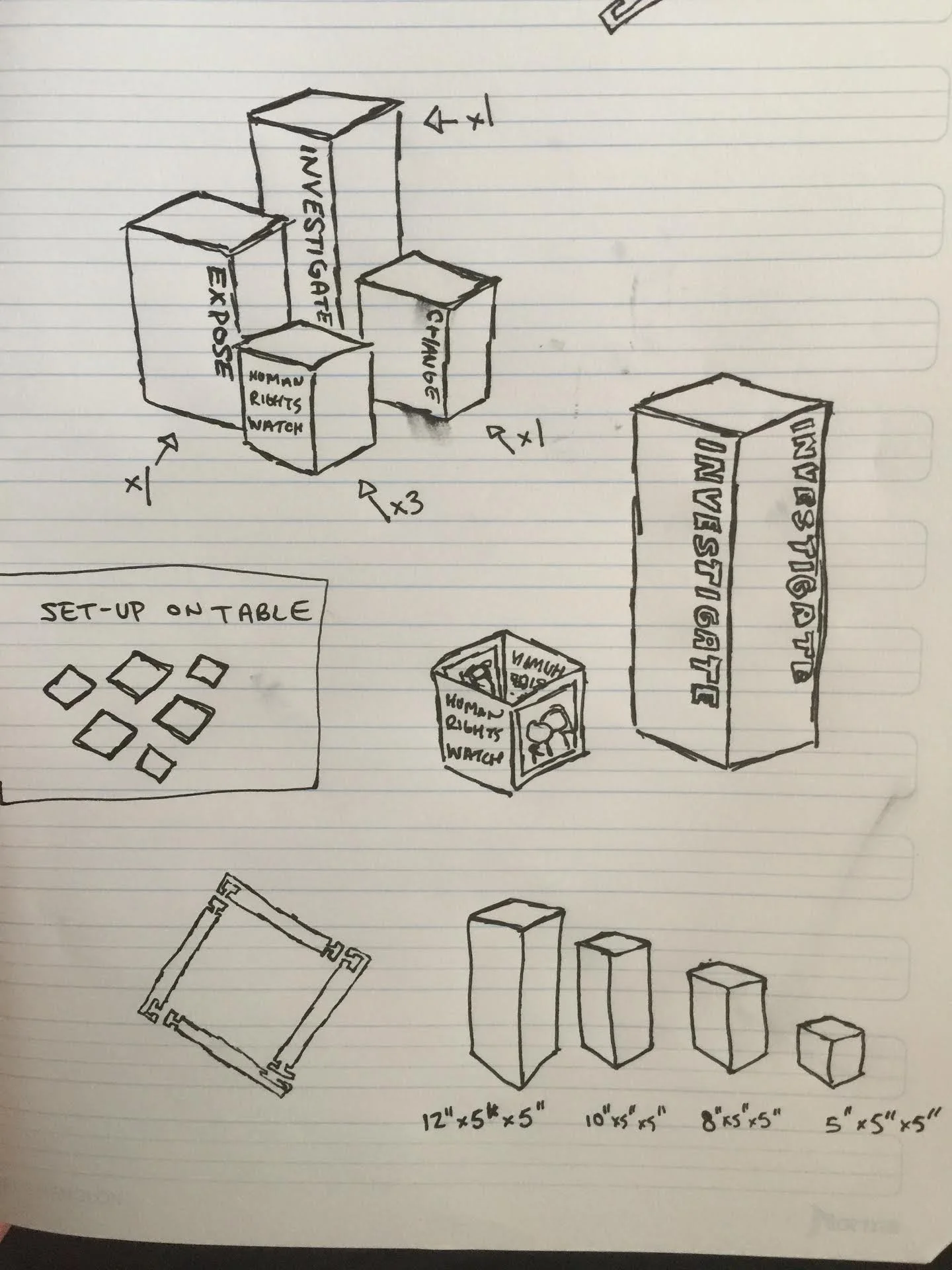Voices For Justice Annual Dinner Lantern Centerpieces. I was asked to create something that illuminated, had a long shelf life, and could store flat. This was my initial drawing.Inspired by the rigid Human Rights Watch logo &amp; color palette, I presented an option that offered a modern addition to a gala table top that could harmoniously exist with traditional event table decor like florals, photography, or fundraising tech (iPads / touch devices).I initially thought of interlocking corners would be best but felt those had a higher probability to break over time. I decided acrylic panels that attached with magnets would be the best option.