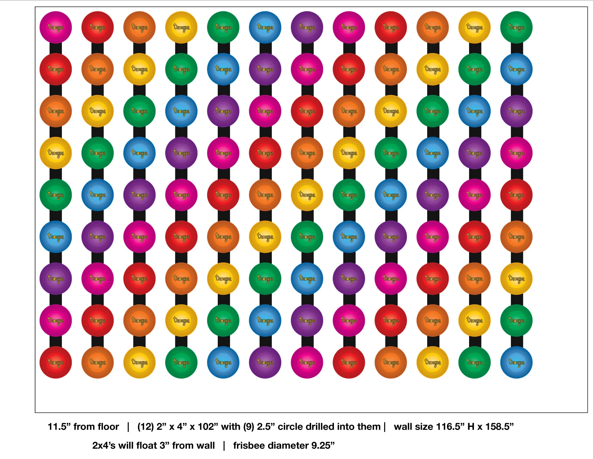  Initial drawing of the 108 back-lit Frisbee wall.   The Frisbee was born in Connecticut &amp; playing Frisbee is a great way to engage with others. I took both as my inspiration to great a “ gram  moment” for the bar. I designed a wall of Troupe429-