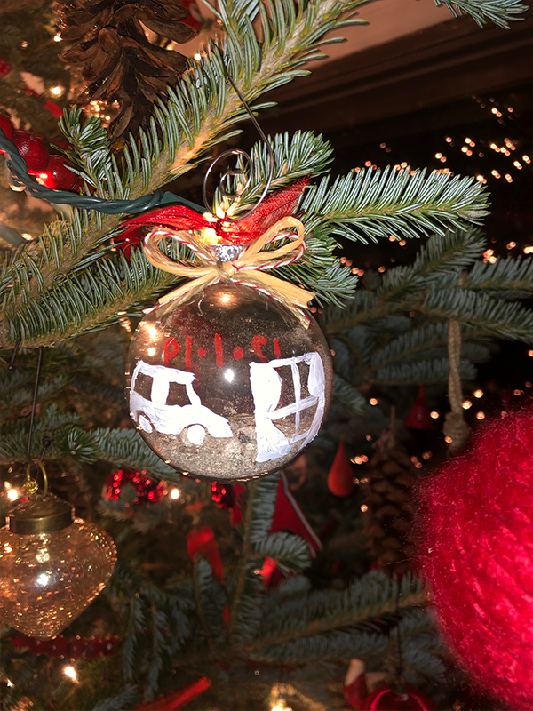 Custom Christmas Tree ornament filled with rubble from John’s apartment. Limited Edition set of 20 to raise funds for John (sold out quickly).