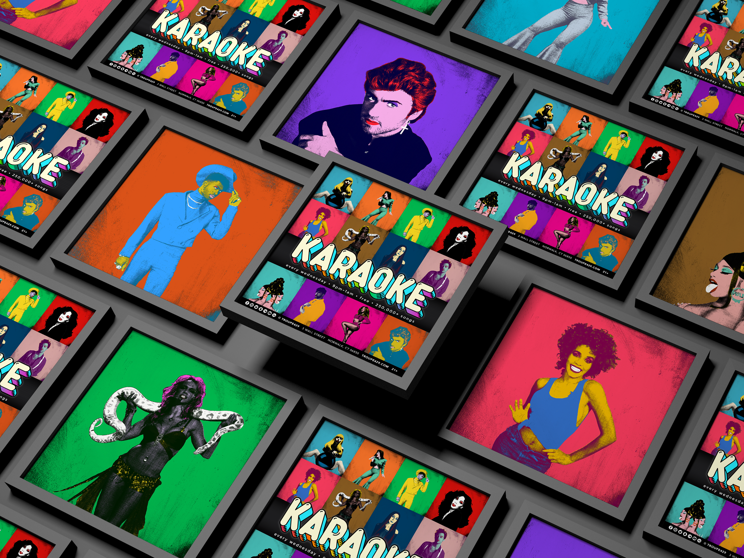 visual identity for weekly karaoke programming at troupe429