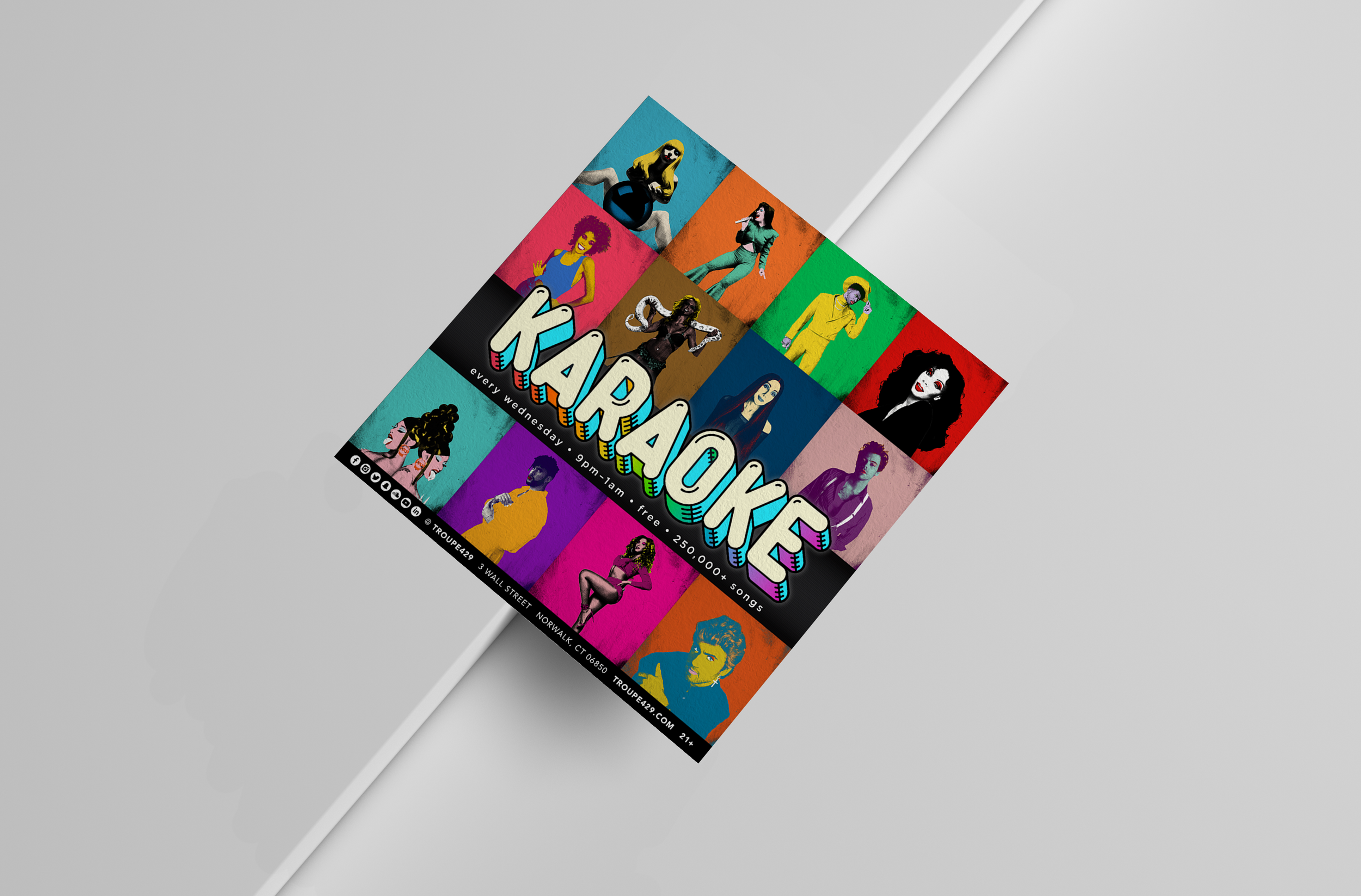 flyer inspired by warhol featuring many popular, queer-loved musicians