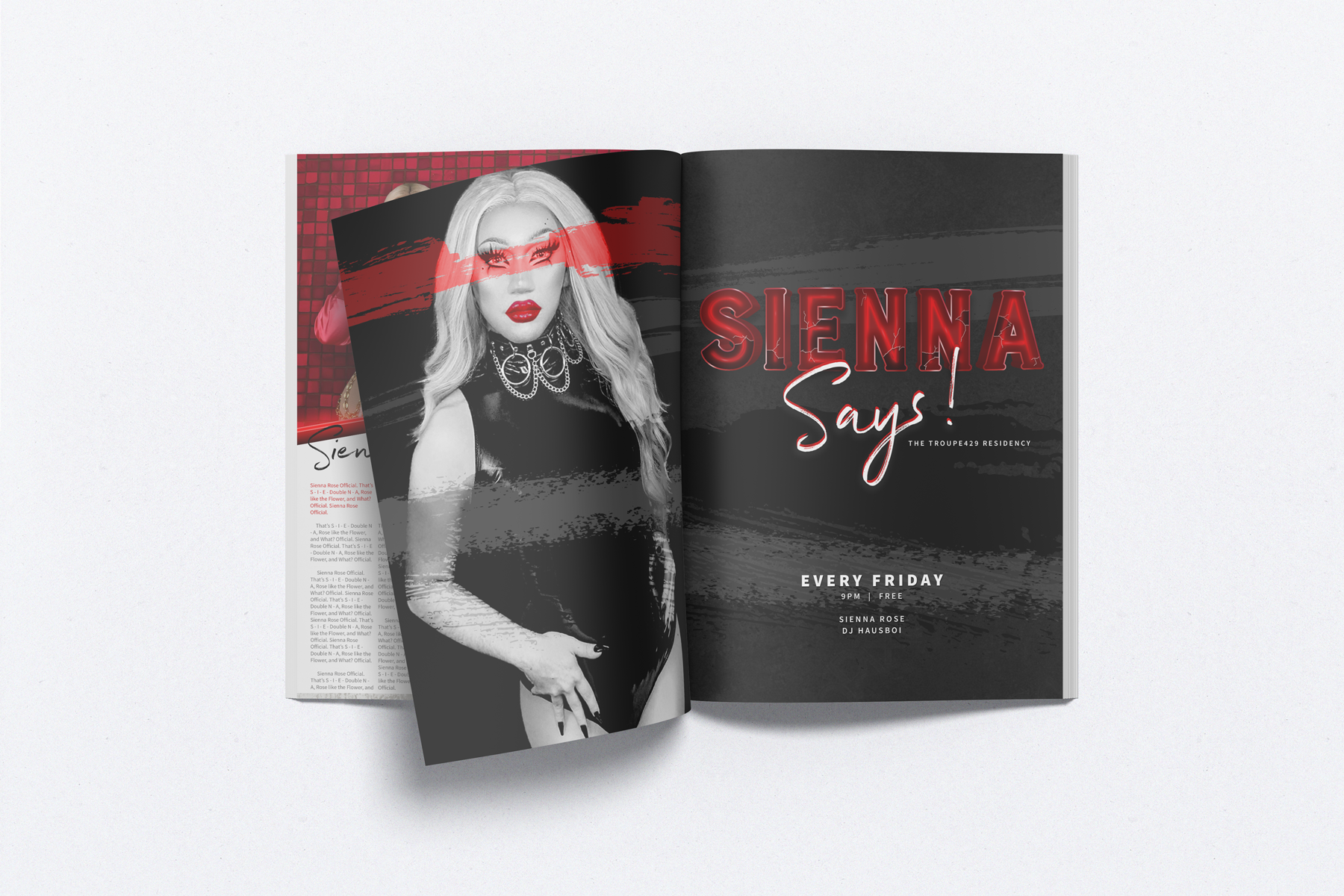 visual identity for sienna says! - weekly drag residency at troupe429