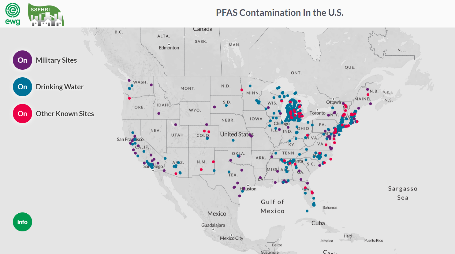Screenshot of interactive map showing sites contaminated with PFAS (PFOA, PFOS, & others) in the United States. From the Environmental Working Group and the Social Science Environmental Health Research Institute at Northeastern University