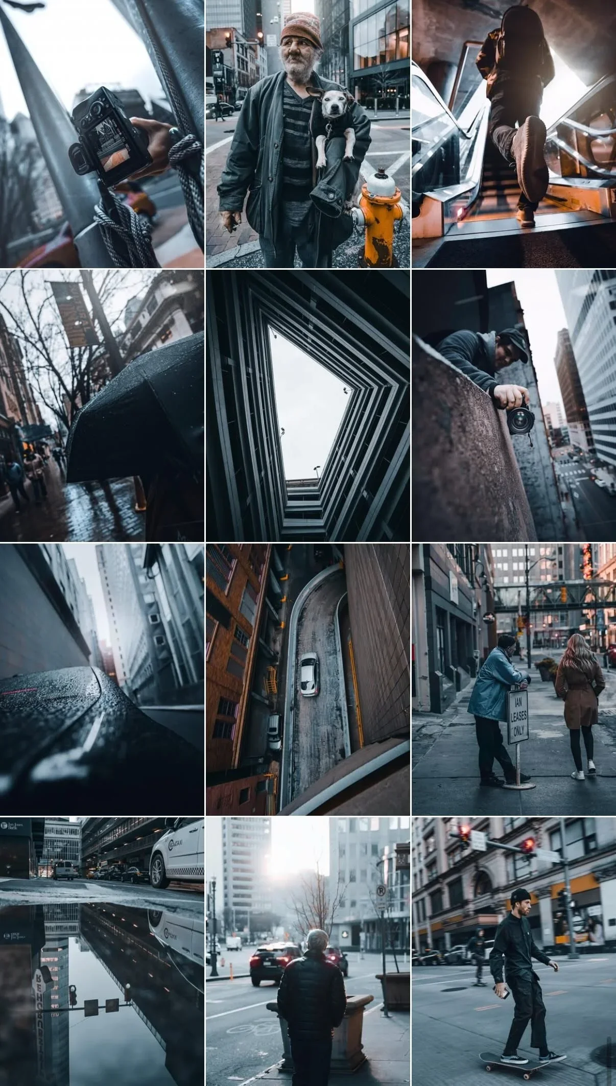 twelve street photography edits made with the Cold Tones moody Lightroom preset