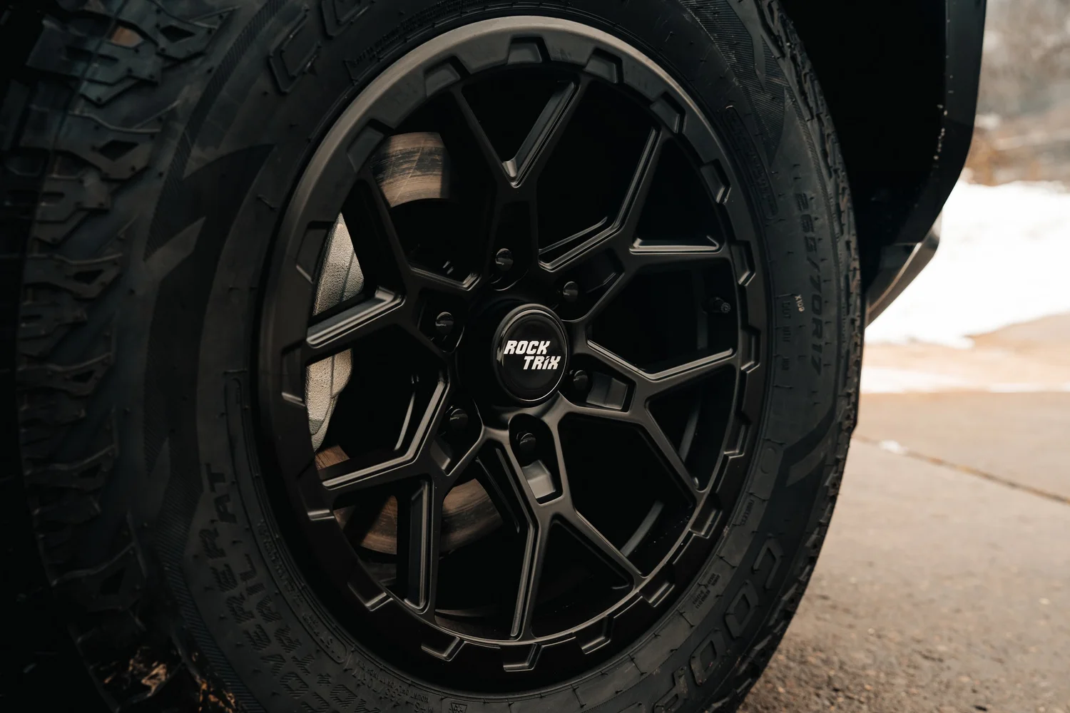 Black Rocktrix wheel and all terrain tire detail on a Toyota 4x4, Ian Jones Pittsburgh automotive product photography by ISJDESIGNS