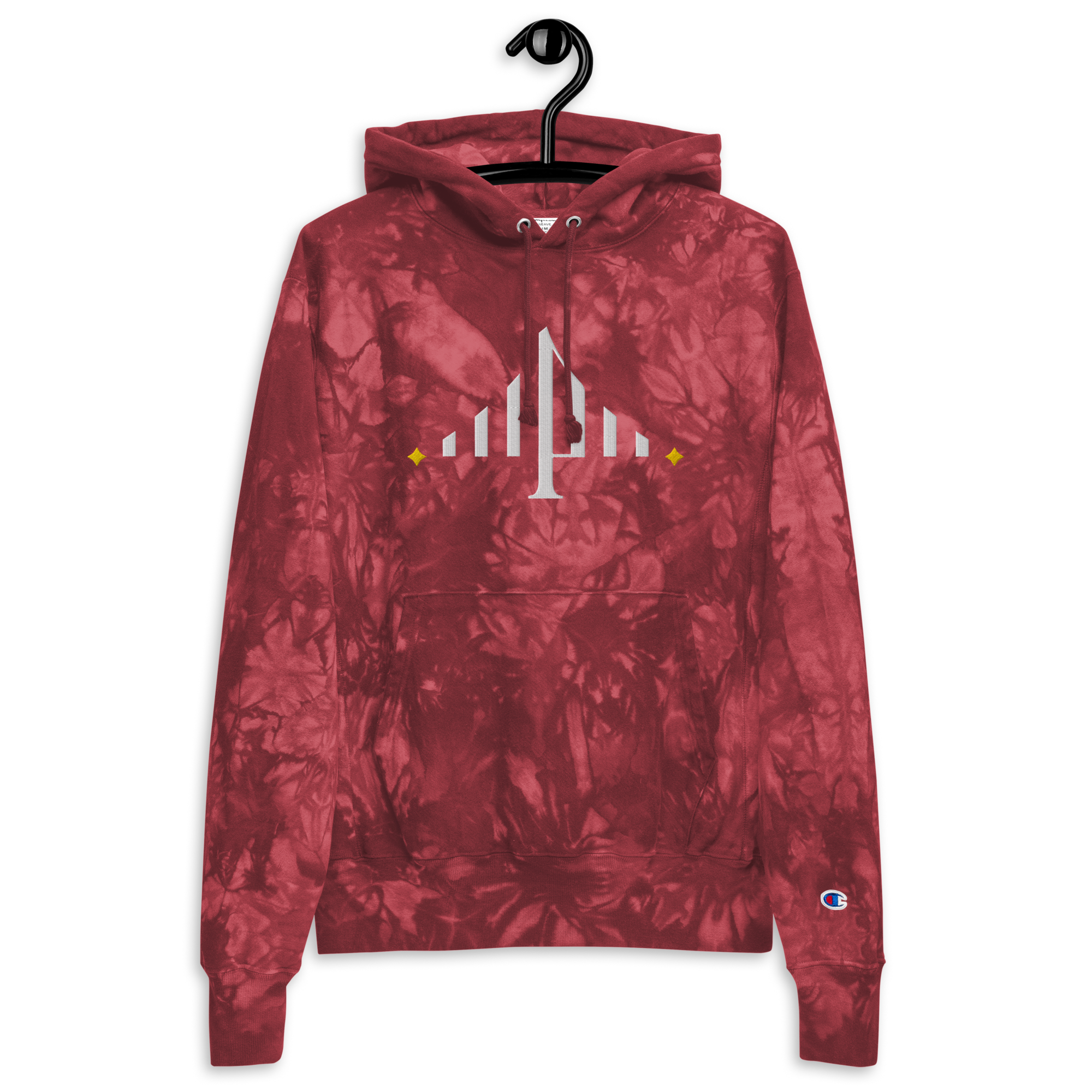 Red tie-dye embroidered hoodie featuring Pittsburgh streetwear logo