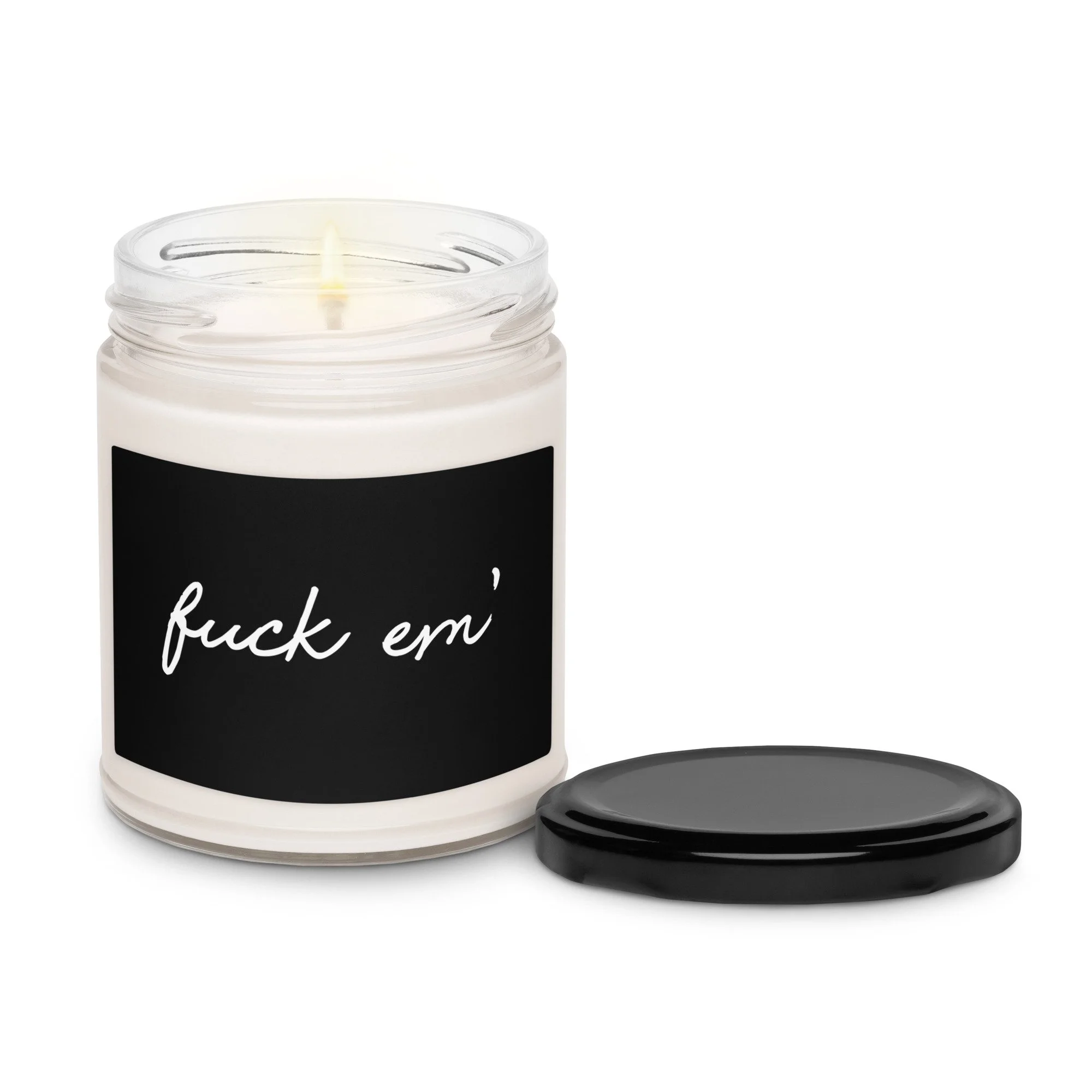 Fck Em soy candle in white sage and lavender scent, glass jar with bold label*
