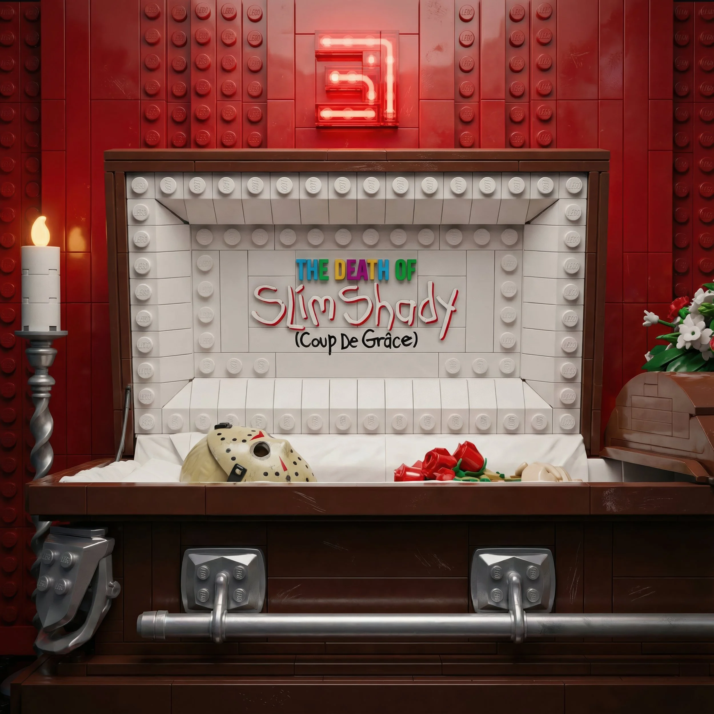 LEGO-style diorama inspired by an Eminem album concept, with a coffin scene and red neon lighting—example of turning an idea into shareable content