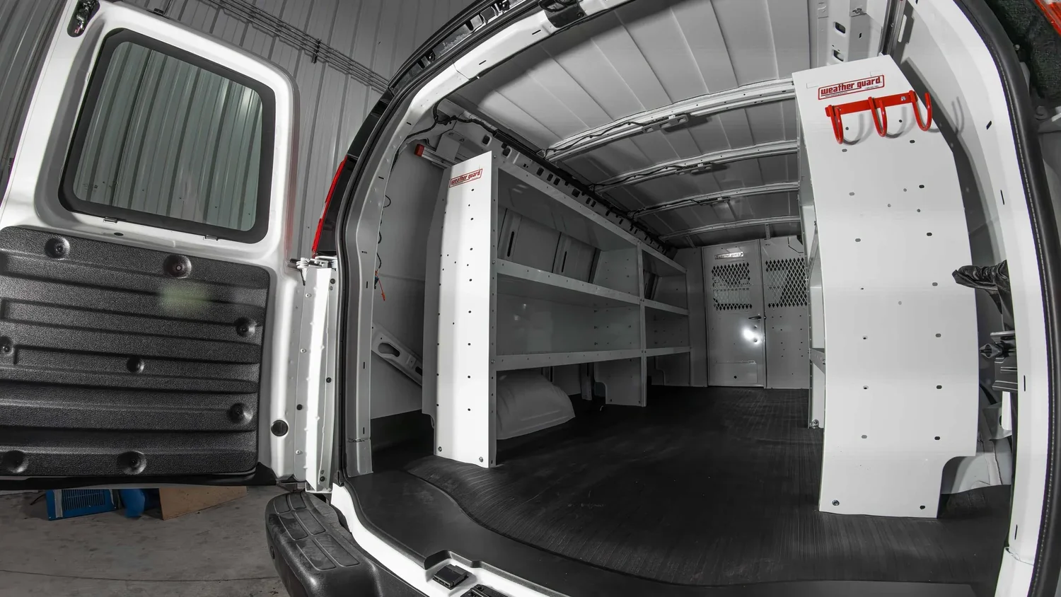 WeatherGuard shelving installed in a Chevy Express, honest scale against the cargo wall. Ian Jones, ISJDESIGNS.