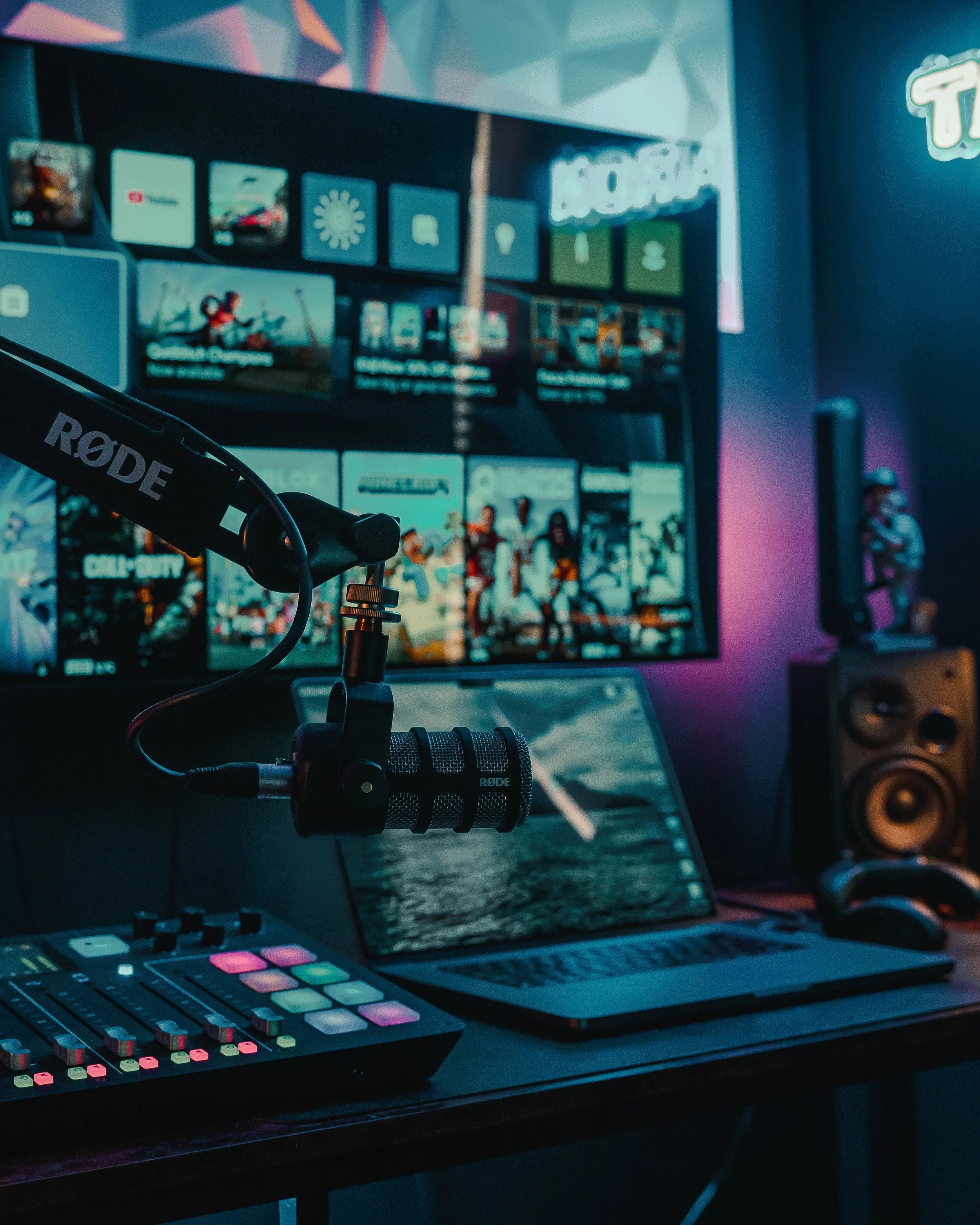 Moody home studio workspace of Ian Jones, designed for content creation, product photography, and video production