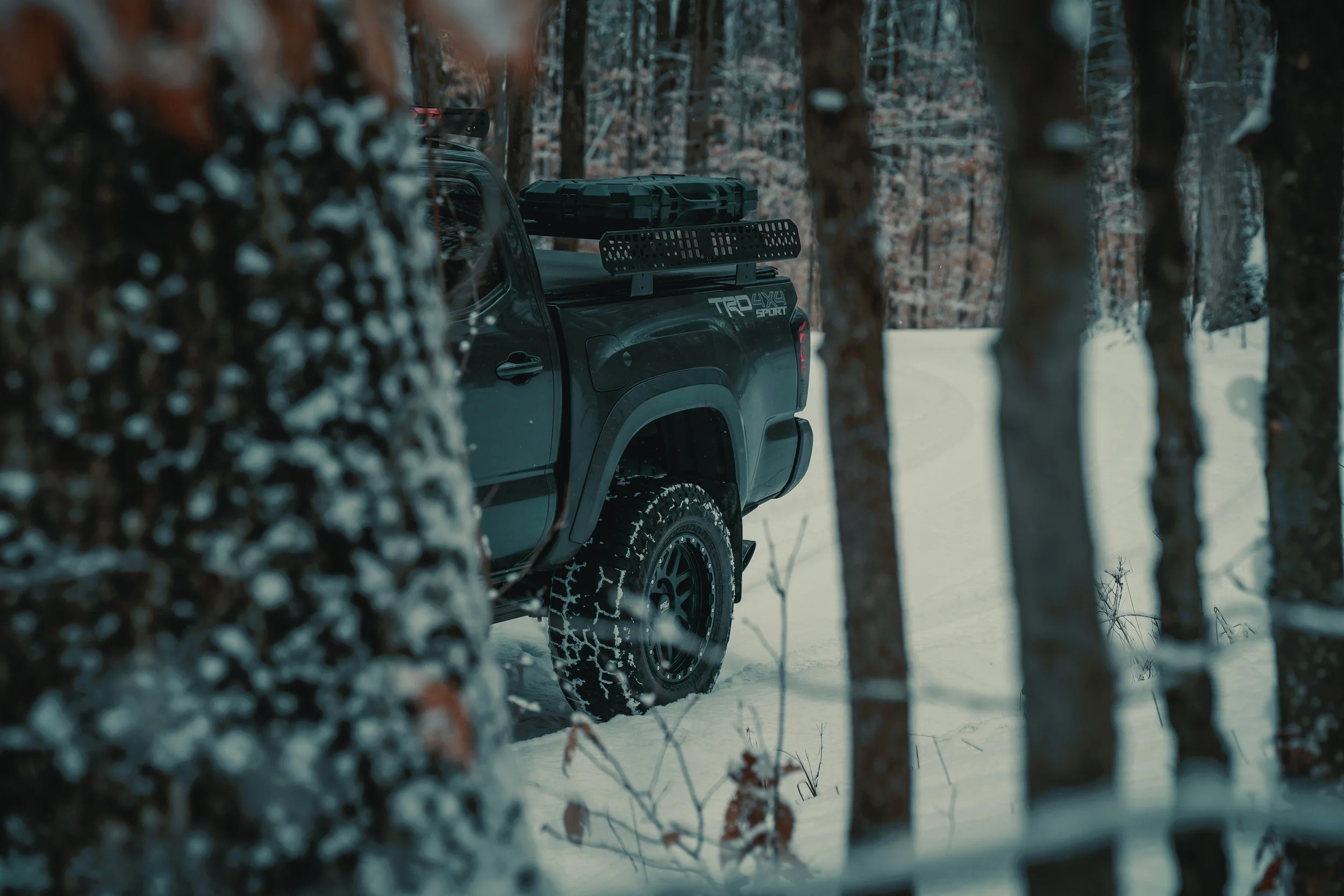 Top-down detail of the 2019 Toyota Tacoma TRD Sport tailgate setup showing a custom SNAILARMOR tailgate panel with Ian Jones branding, WeatherTech bed mat, and winter truck use photographed for ISJDESIGNS.