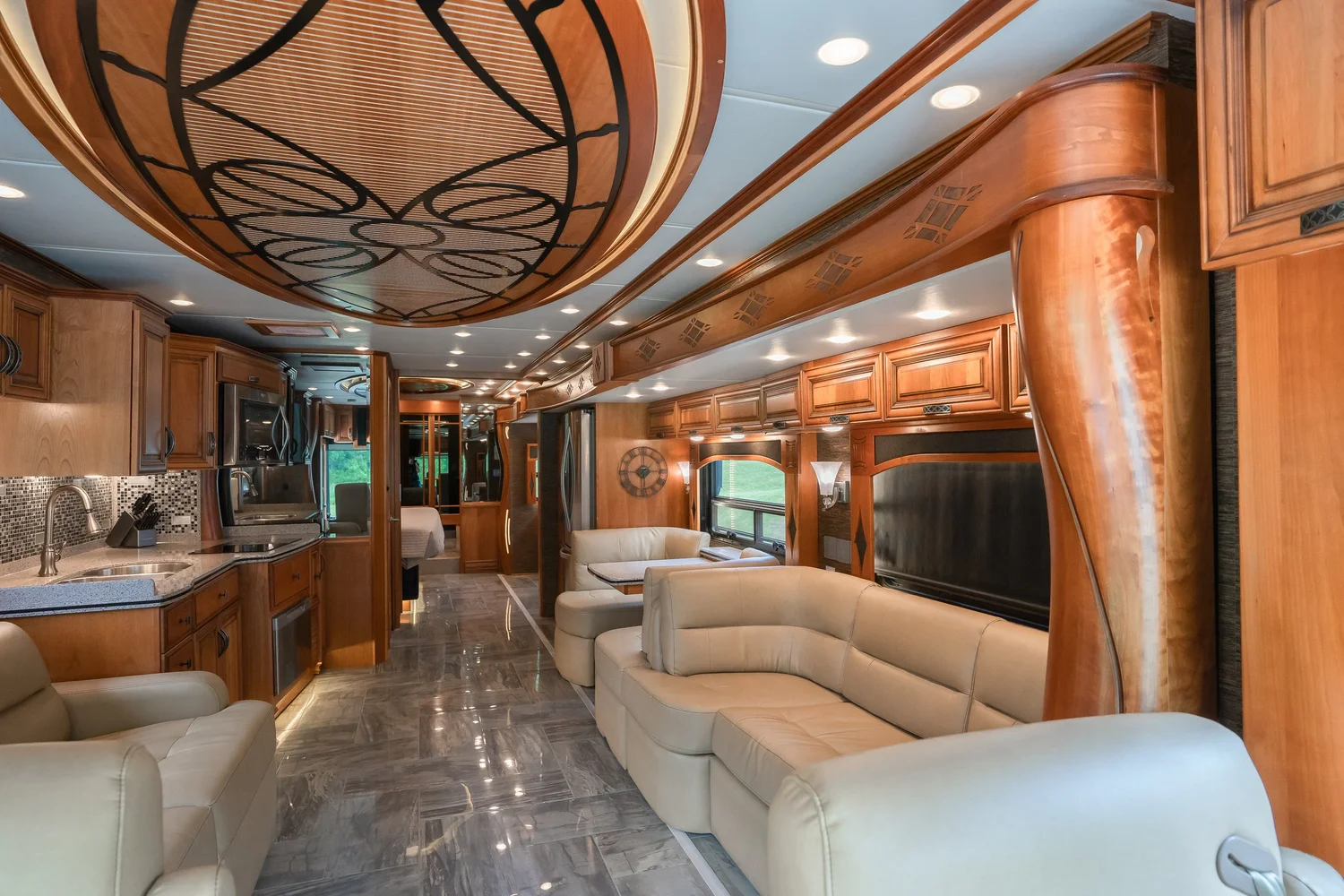 Newmar London Aire luxury motorcoach interior with leather seating, kitchen, and wood ceiling detail, Ian Jones Pittsburgh automotive photography by ISJDESIGNS