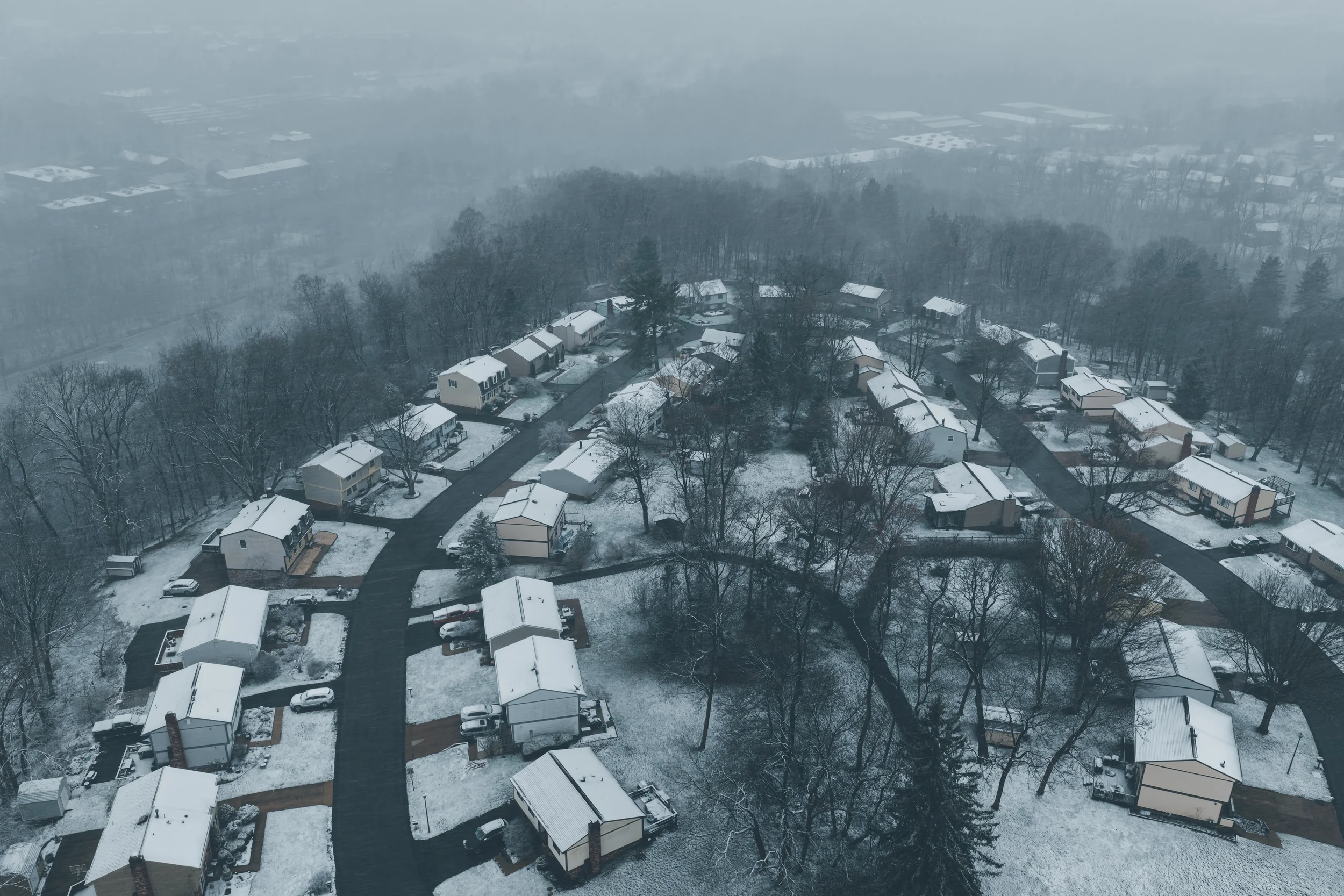 Pittsburgh drone photography aerial real estate neighborhood overview winter aerial shot by commercial drone photographer Ian Jones Bridgeville PA