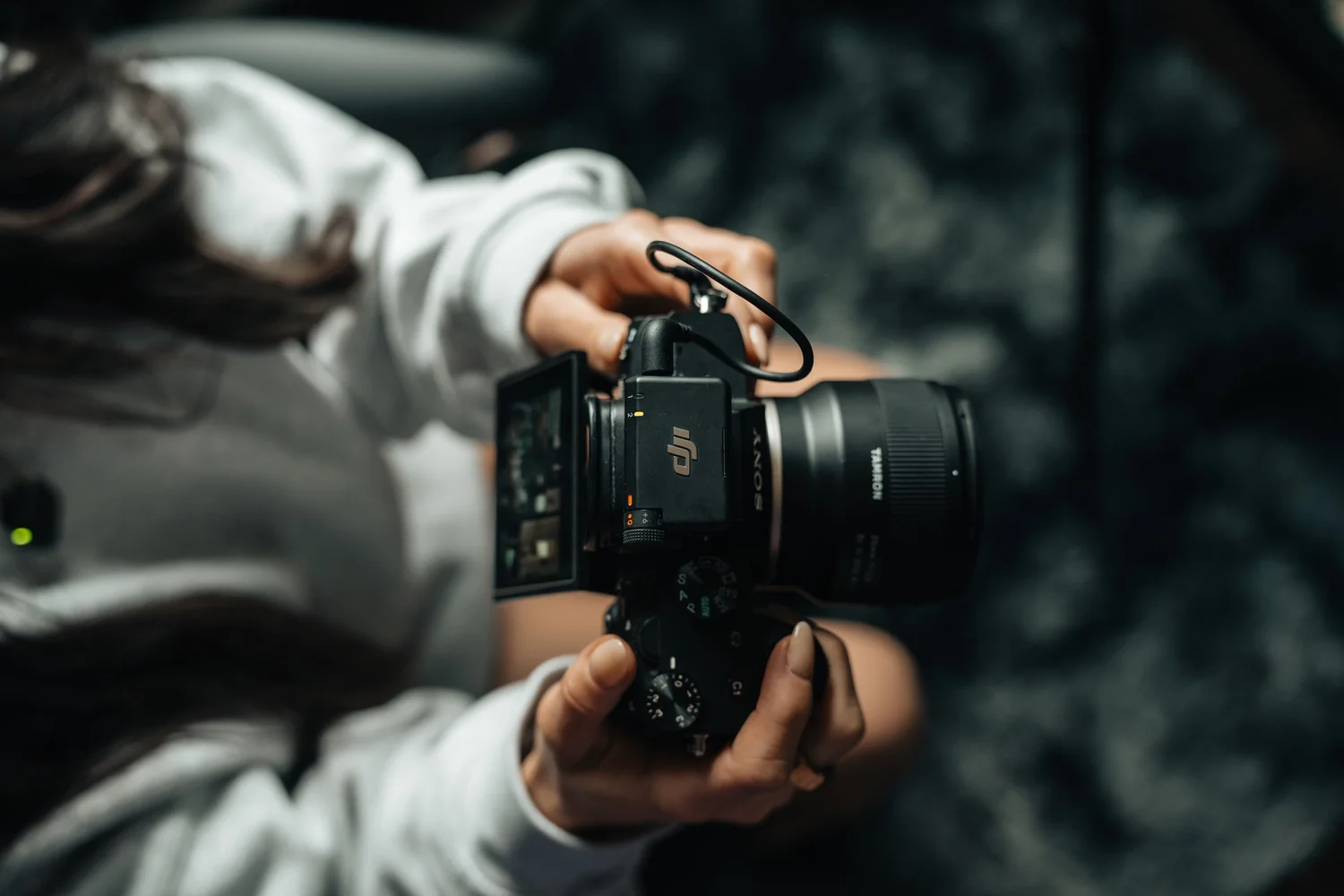 Close-up of Sony camera with Tamron lens in Ian Jones' Pittsburgh studio