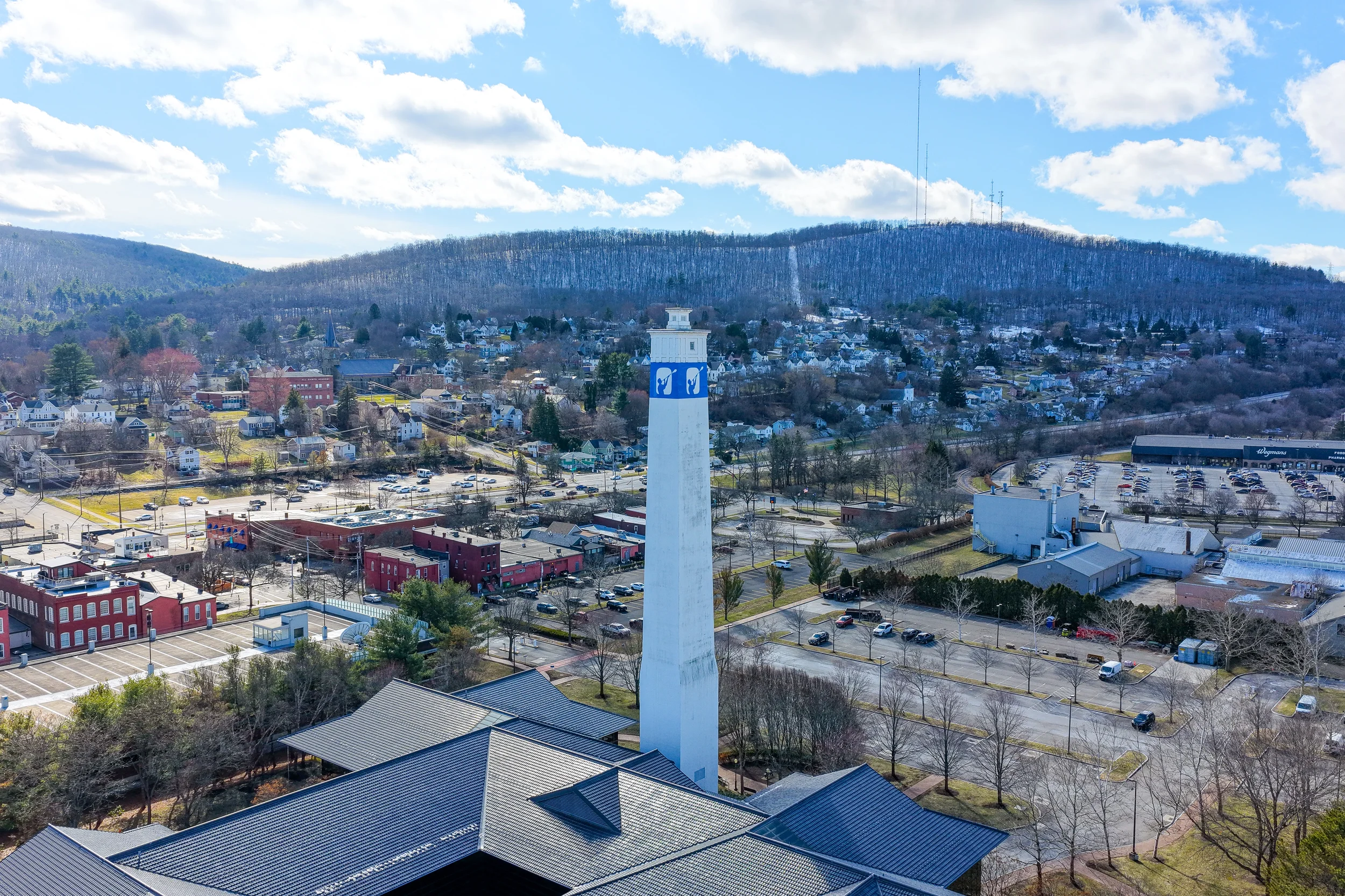 Pittsburgh area drone photography by Ian Jones showing a local landmark, surrounding businesses, roads, and Western Pennsylvania hills.