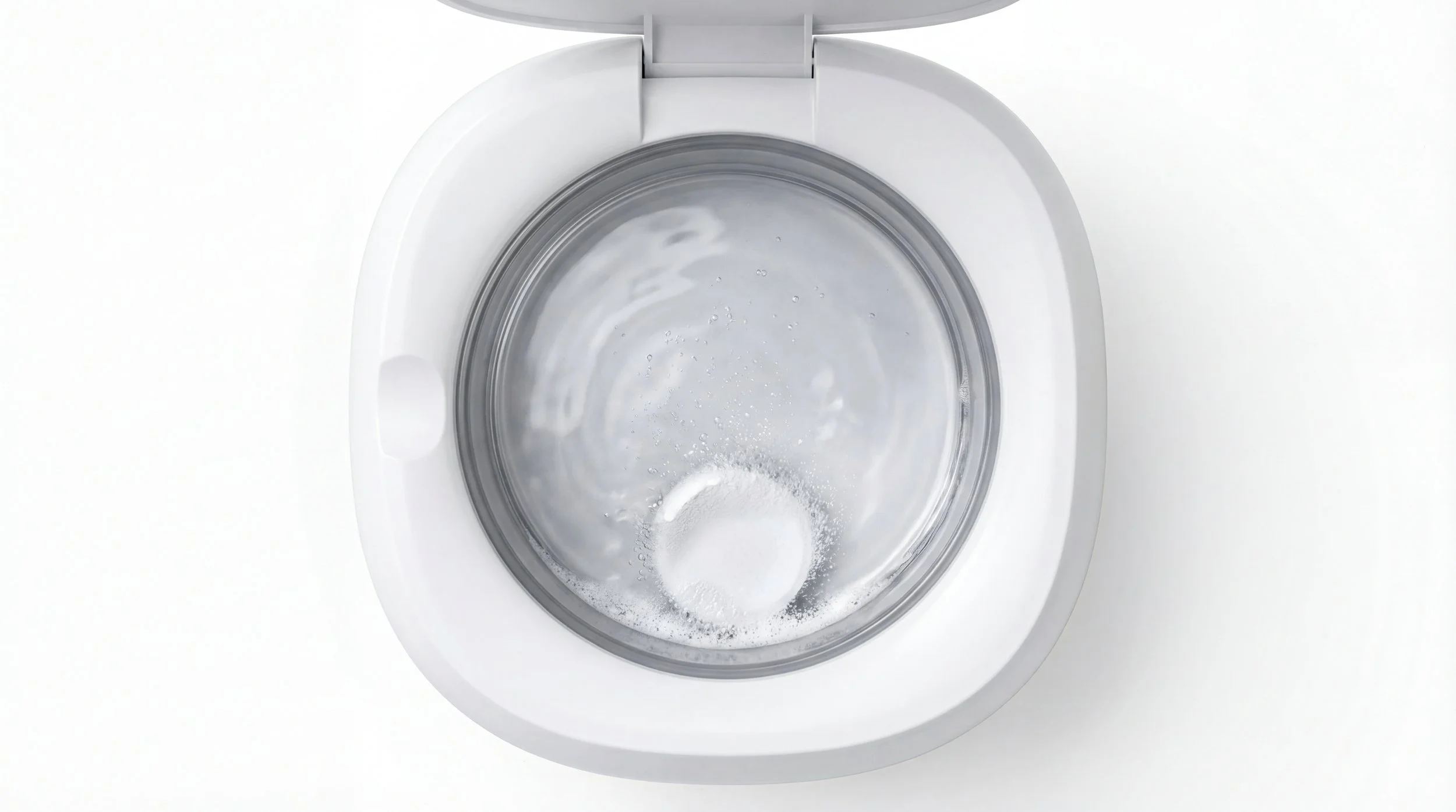 Pop ON retainer cleaner tablet dissolving inside a white ultrasonic cleaning pod in a top-down product photo