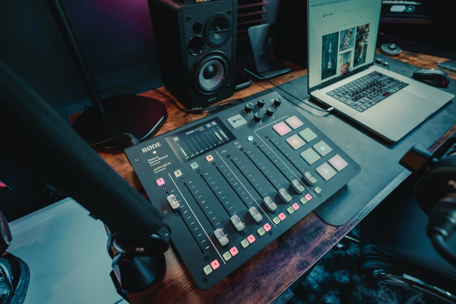 RODE RODECaster Pro audio console and laptop in Ian Jones' Pittsburgh home office and content studio
