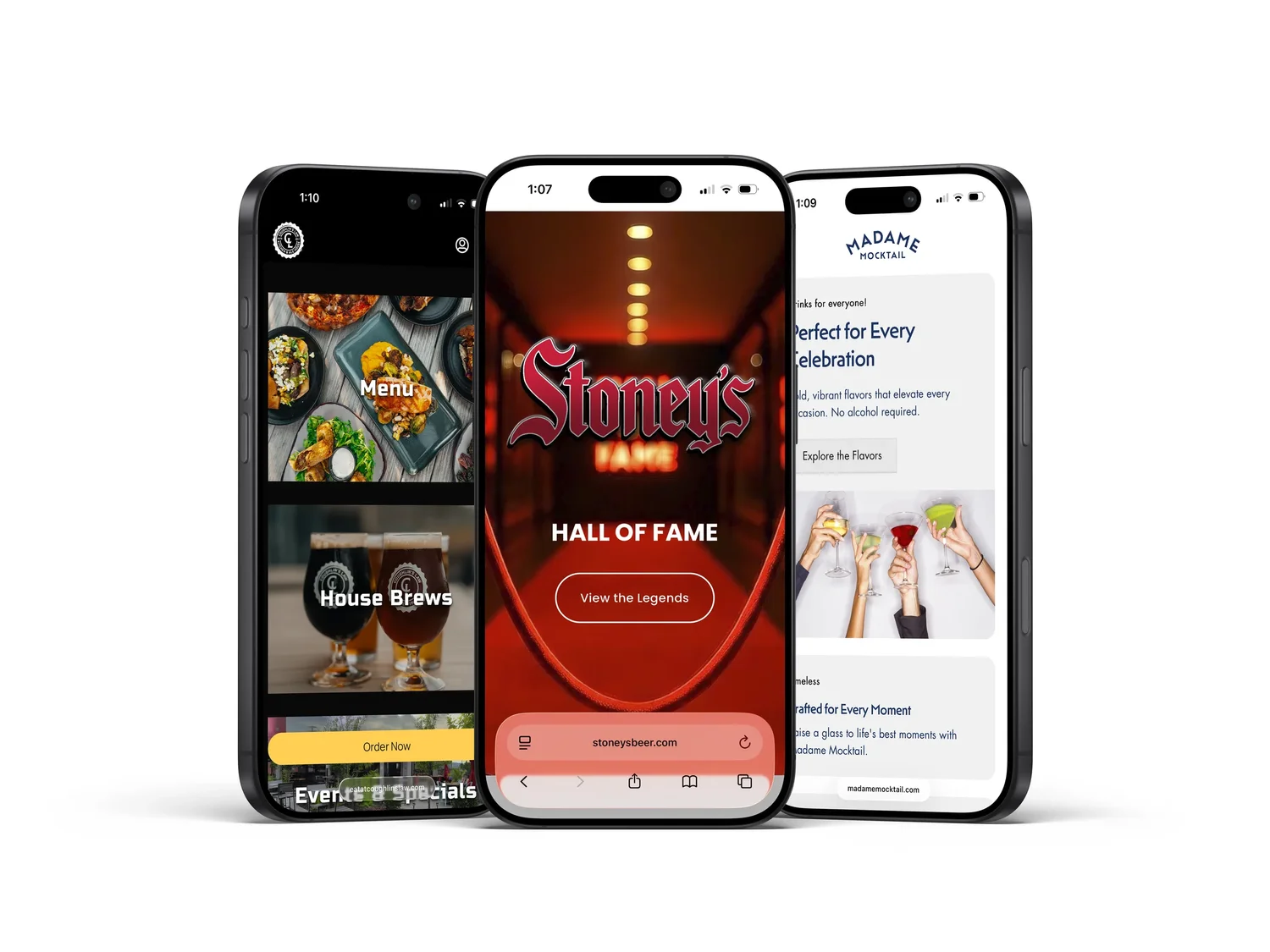 Mobile brand and website design for Coughlins Law, Stoneys Beer, and Madame Mocktail by Ian Jones of ISJDESIGNS in Pittsburgh.