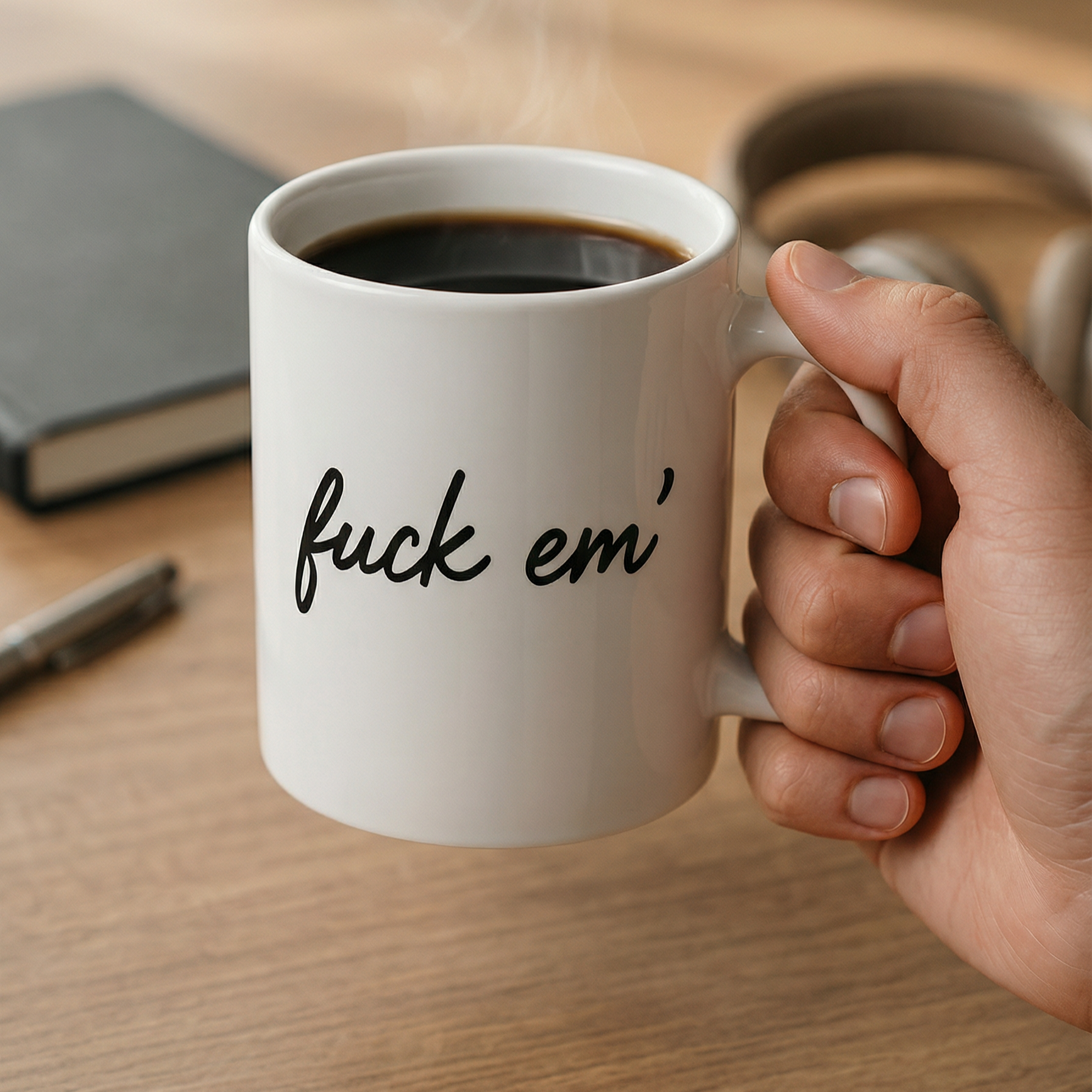 Hand holding a white “fuck em’” coffee mug on a wooden desk, novelty office mug and funny gift idea
